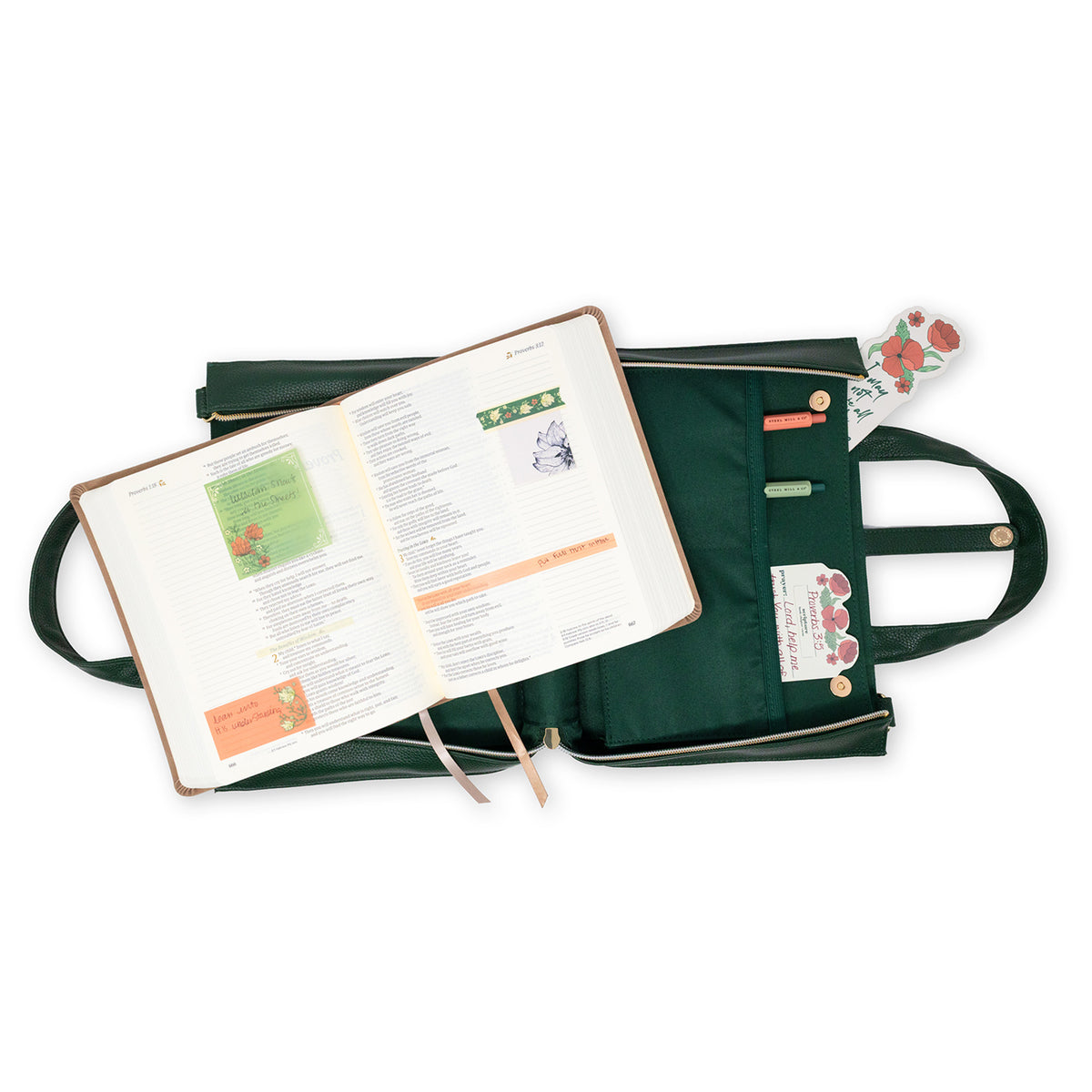 interior of faux leather forest green bible cover with gold hardware and crossbody strap