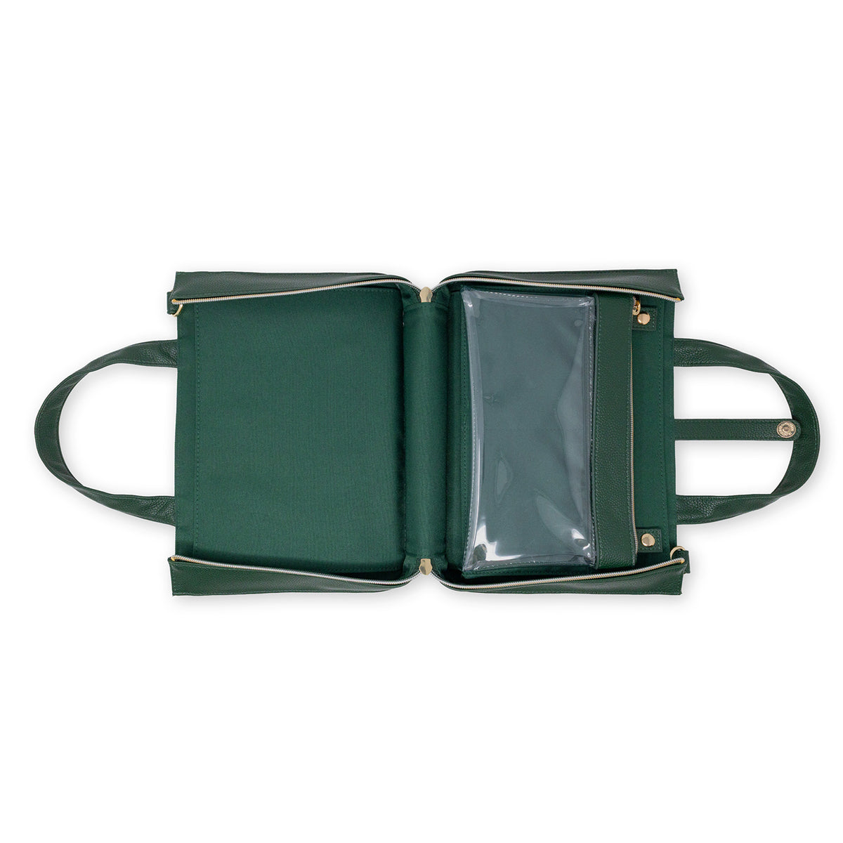 interior of faux leather forest green bible cover with gold hardware and crossbody strap