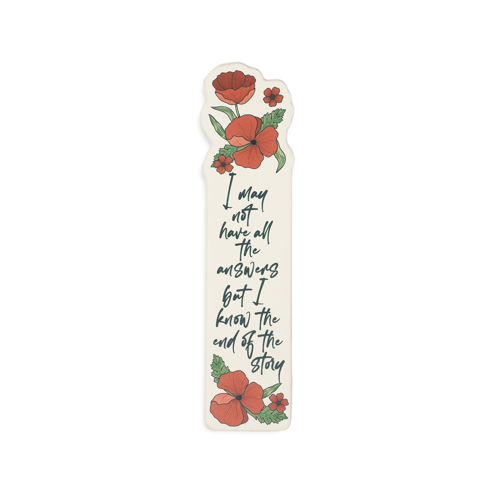 A die-cut book bookmark with a cream background, featuring red poppy flowers with green leaves and a handwritten-style quote in dark green text.
