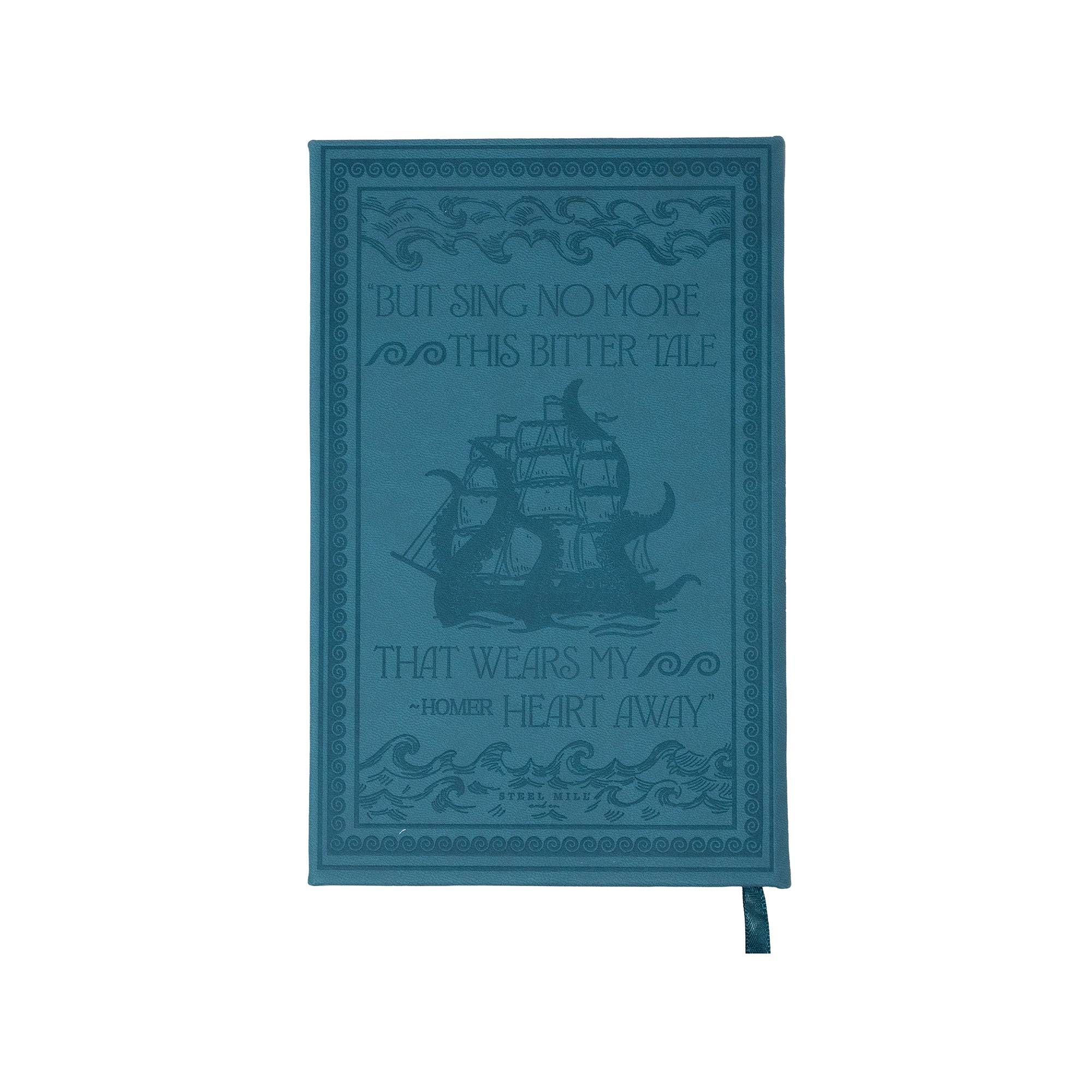 Blue notebook with ship design and text on a white background