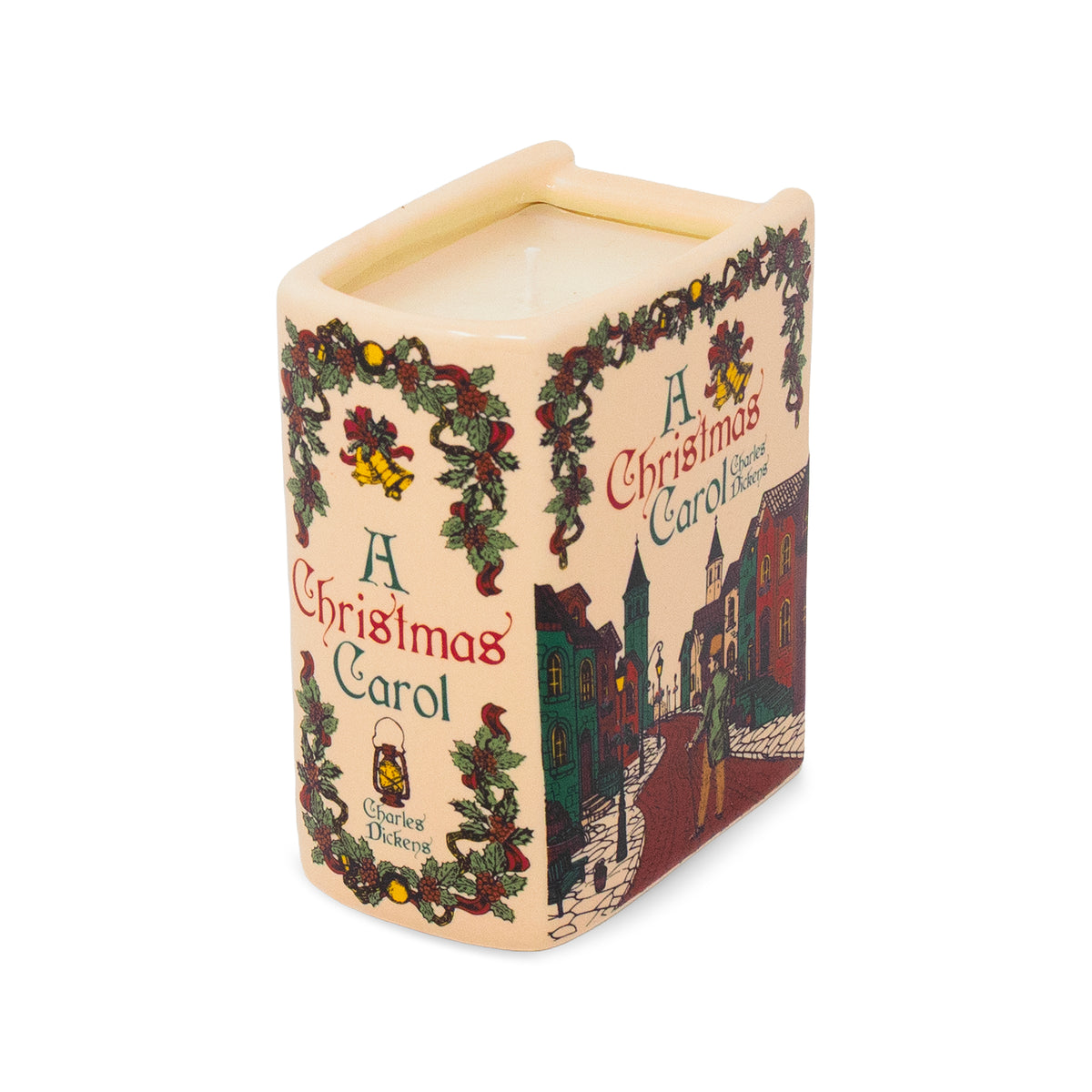 A square-shaped ceramic candle holder featuring a vintage-style illustration of 'A Christmas Carol' with green holly garlands, red text, and a dark red illustrated village scene on a cream-colored body.