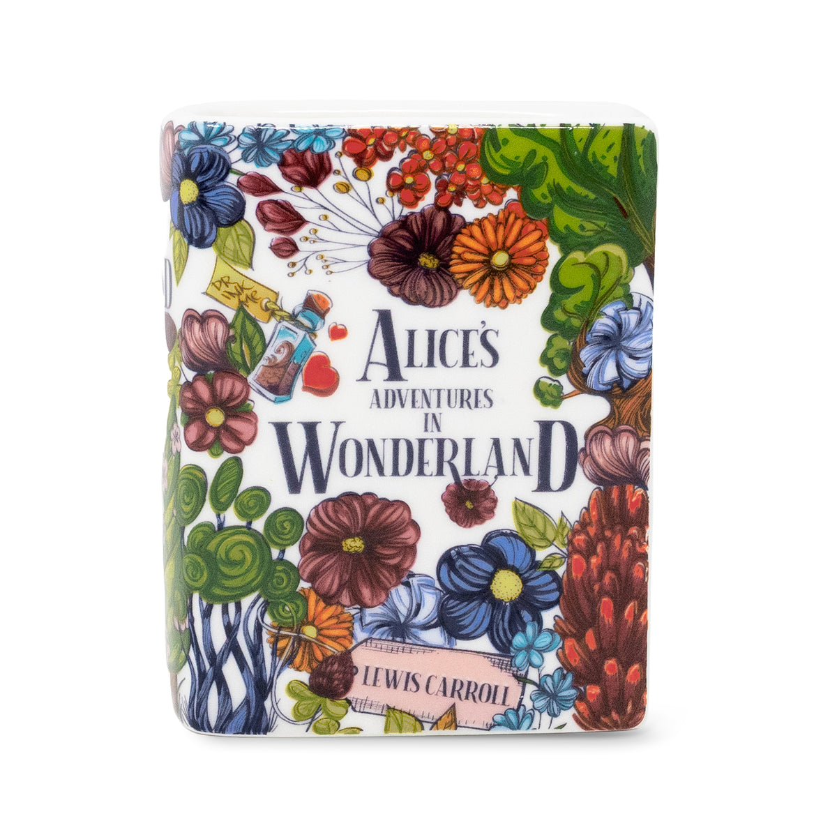 A square ceramic mug featuring a colorful floral border and the text 'Alice's Adventures in Wonderland' with 'Lewis Carroll' printed below, shown on a plain white background.