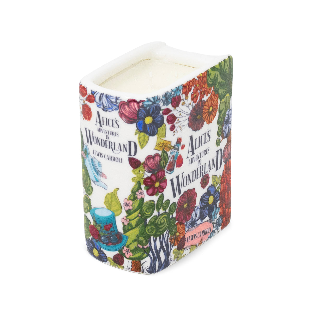 A square ceramic candle featuring a colorful 'Alice in Wonderland' illustration on a white background.