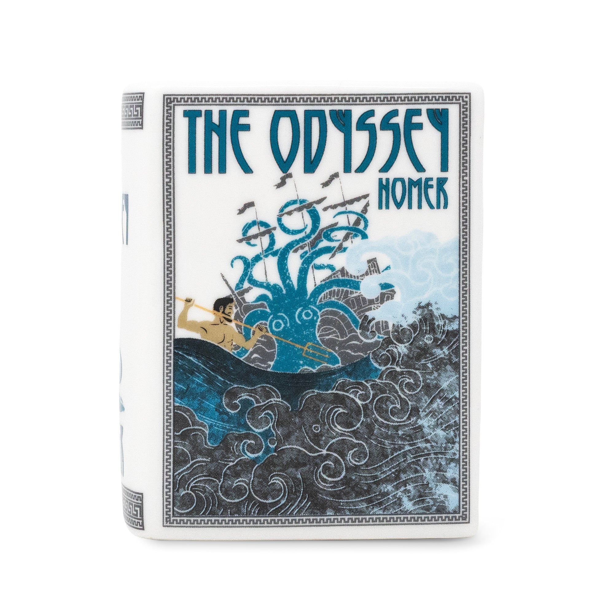 A ceramic candle of 'The Odyssey Homer' featuring a detailed front cover illustration in blue, black, and white, depicting Odysseus rowing through waves with a sea monster, set against a plain white background.
