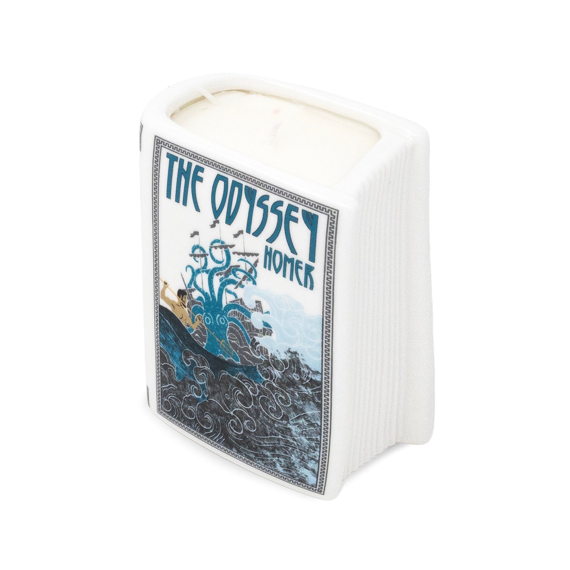 A white square wax candle with a printed cover design featuring 'The Odyssey Homer' in blue text over an illustration of a sea battle, shown on a plain white background.