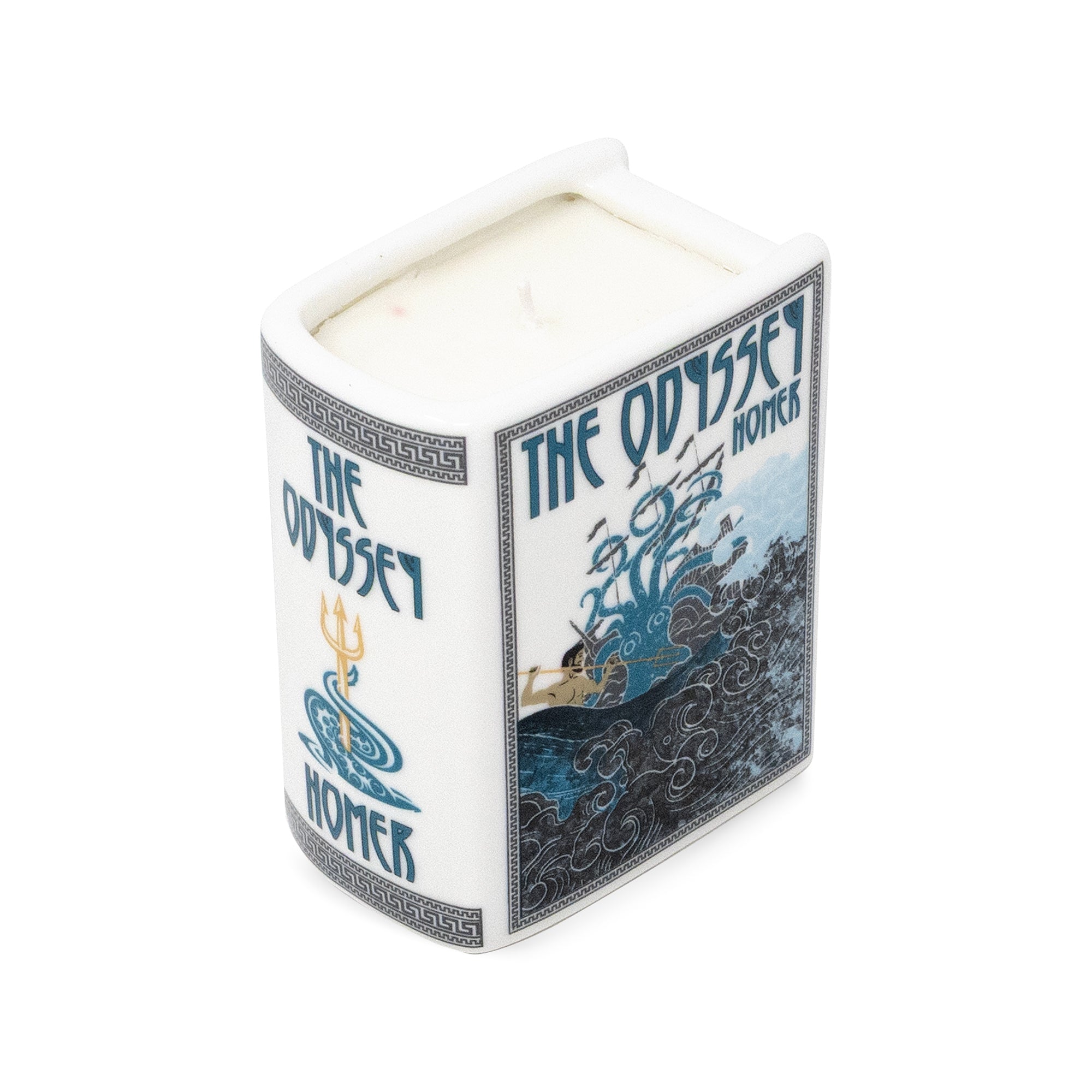 A square white ceramic candle featuring 'The Odyssey Homer' themed illustrations with blue sea waves, a trident, and a figure on a wave, containing white wax.