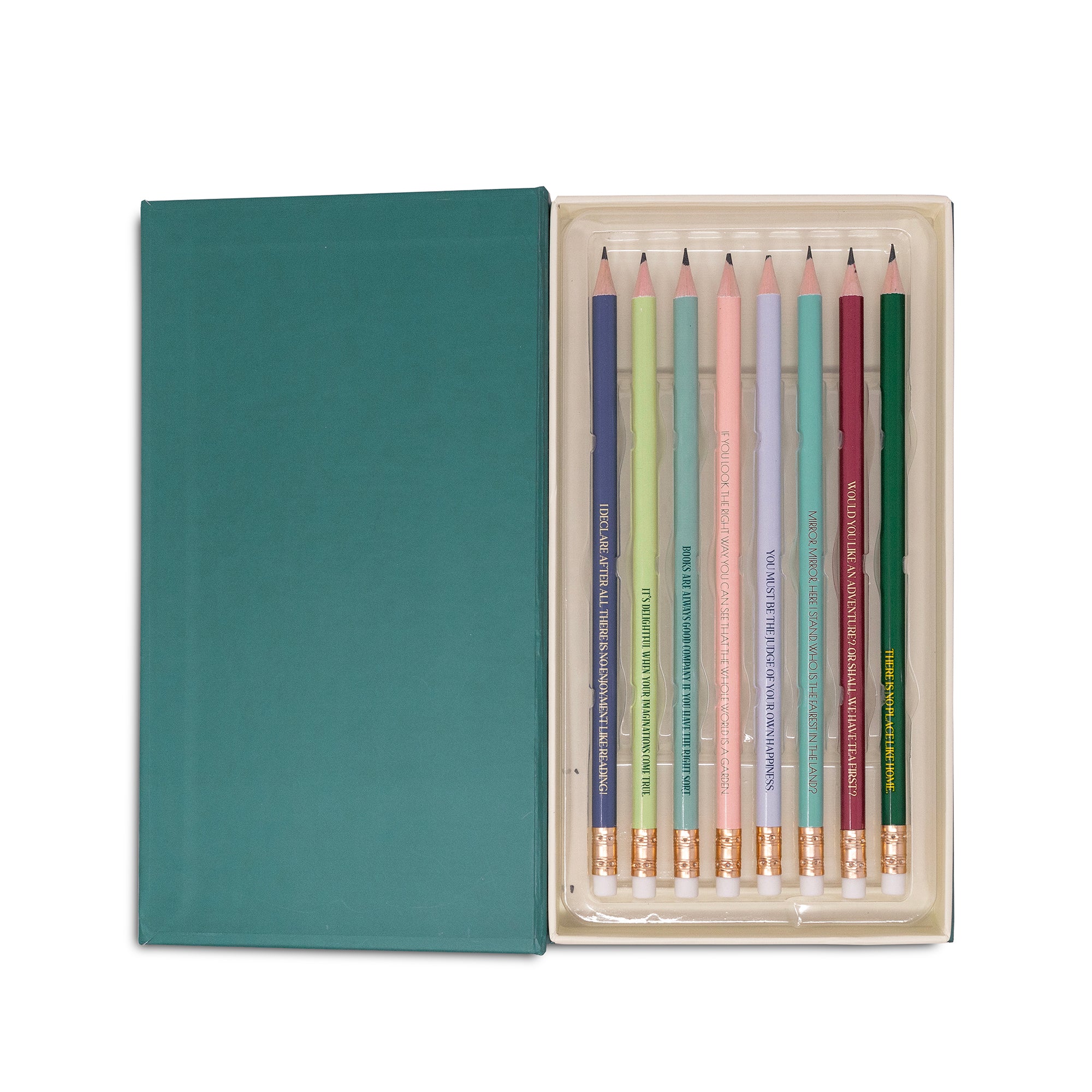 set of 8 colorful wooden pencils with literary sayings inside box