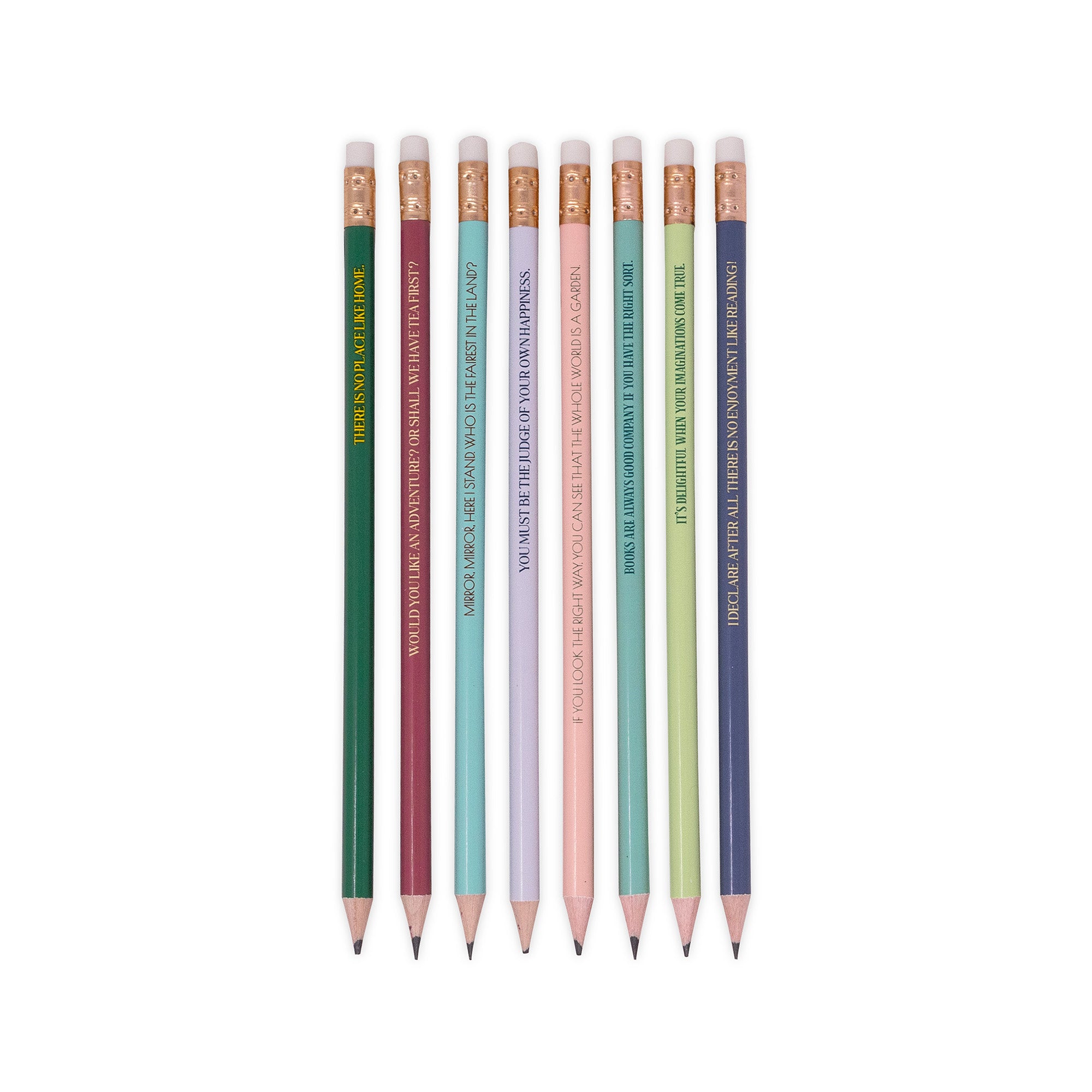 set of 8 colorful wooden pencils with literary sayings