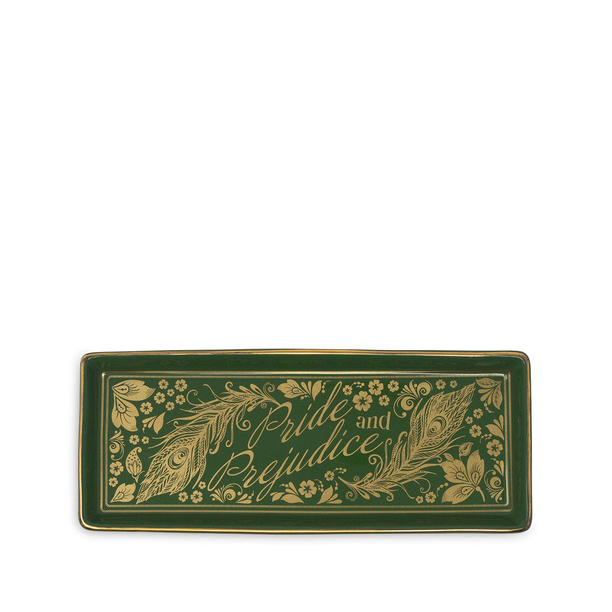 Decorative plate with 'Pride and Prejudice' text and decorative elements on a green background