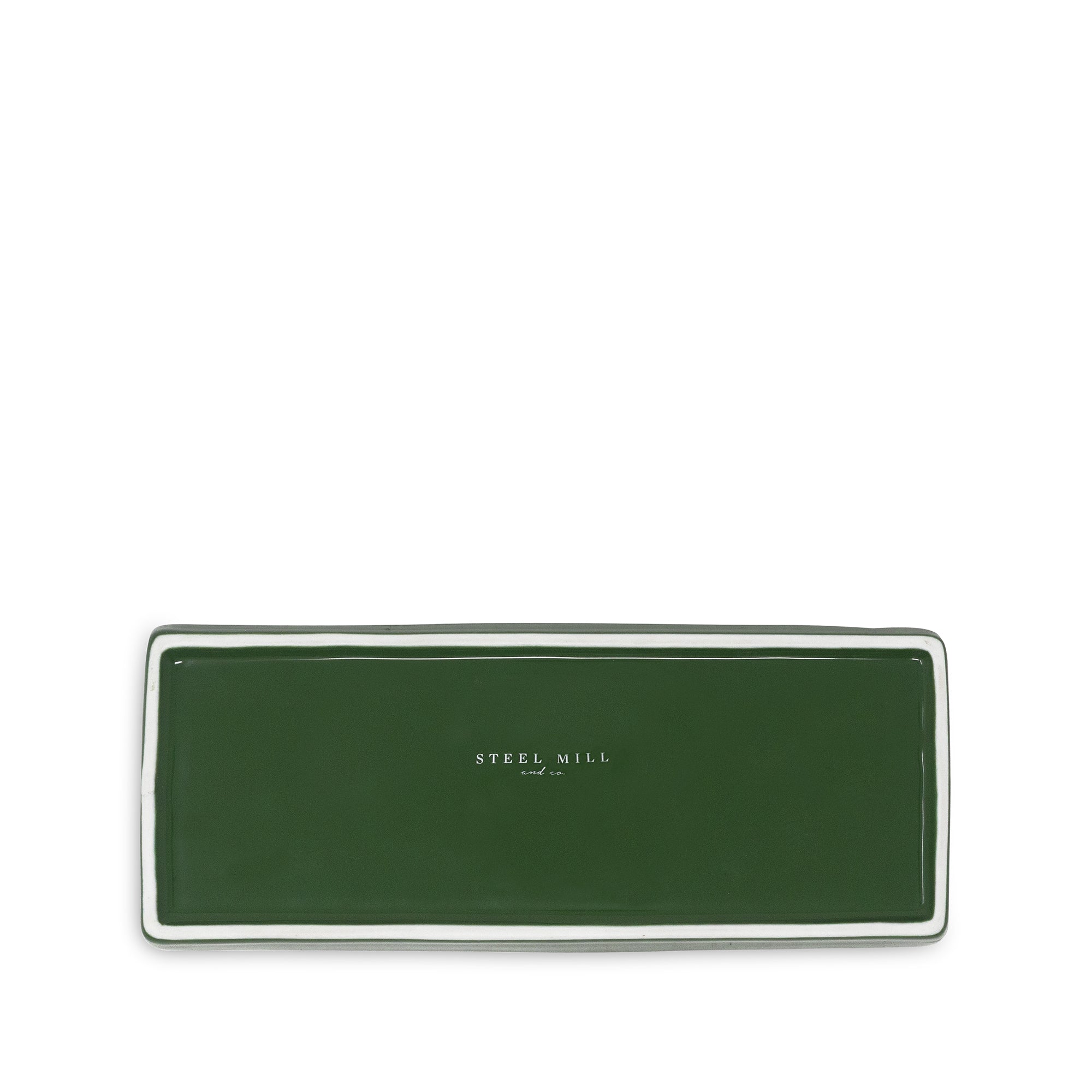 Rectangular green tray with 'Steel Mill' branding on a white background