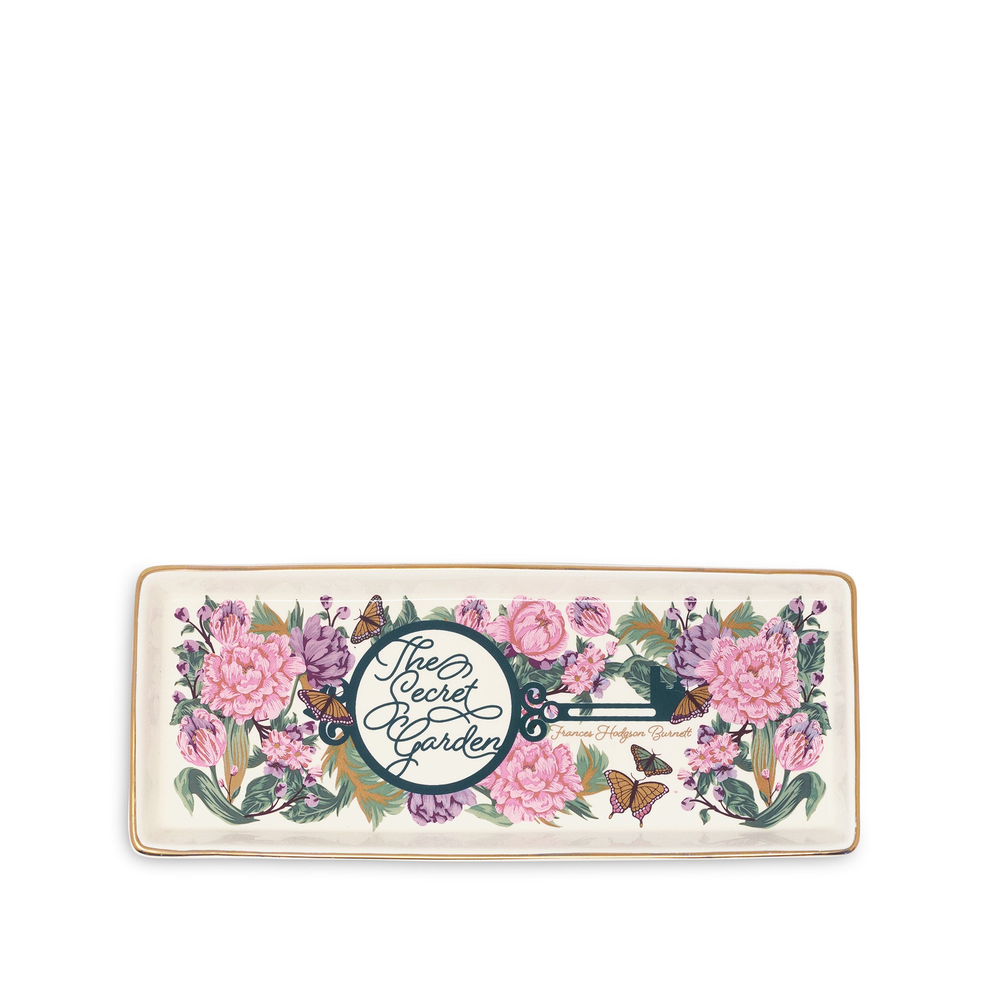 Decorative tray with floral design and 'The Secret Garden' text on a white background