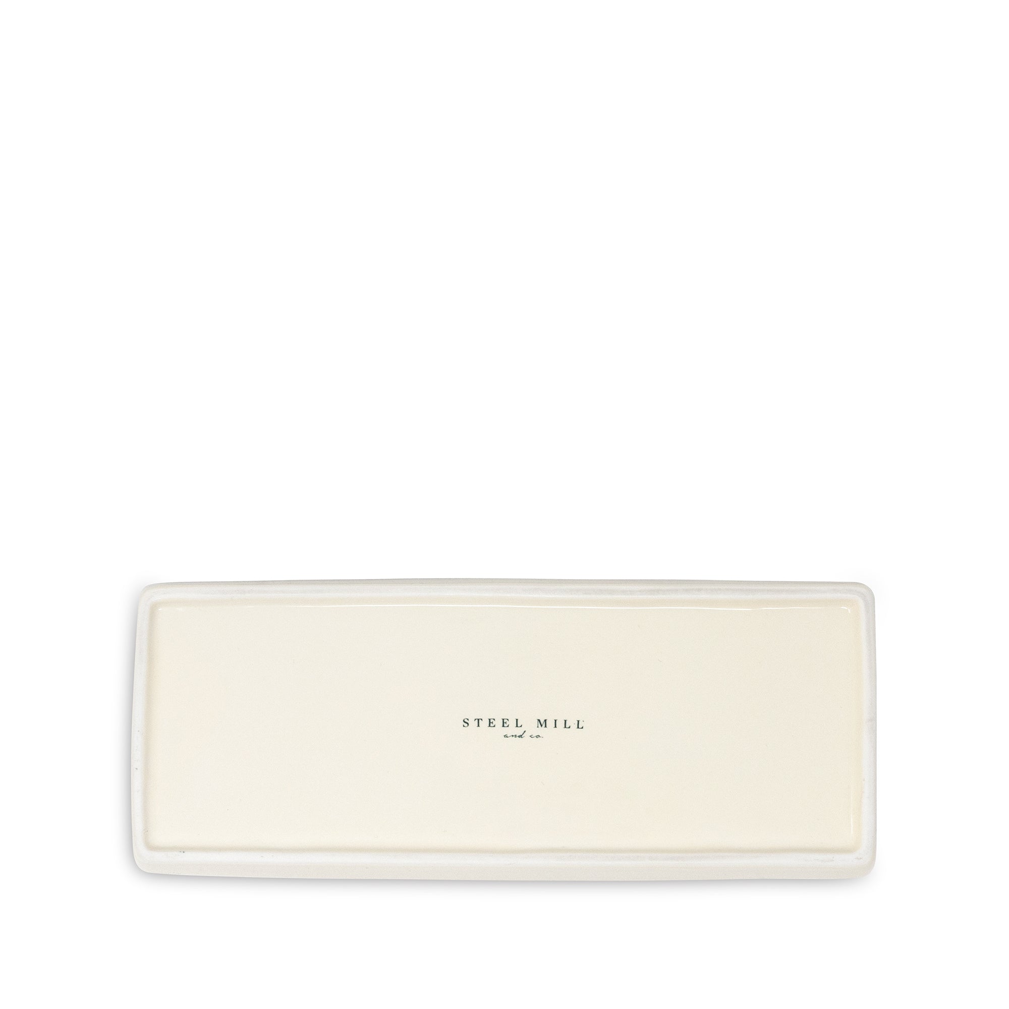 Rectangular white tray with 'Steel Mill' branding on a white background
