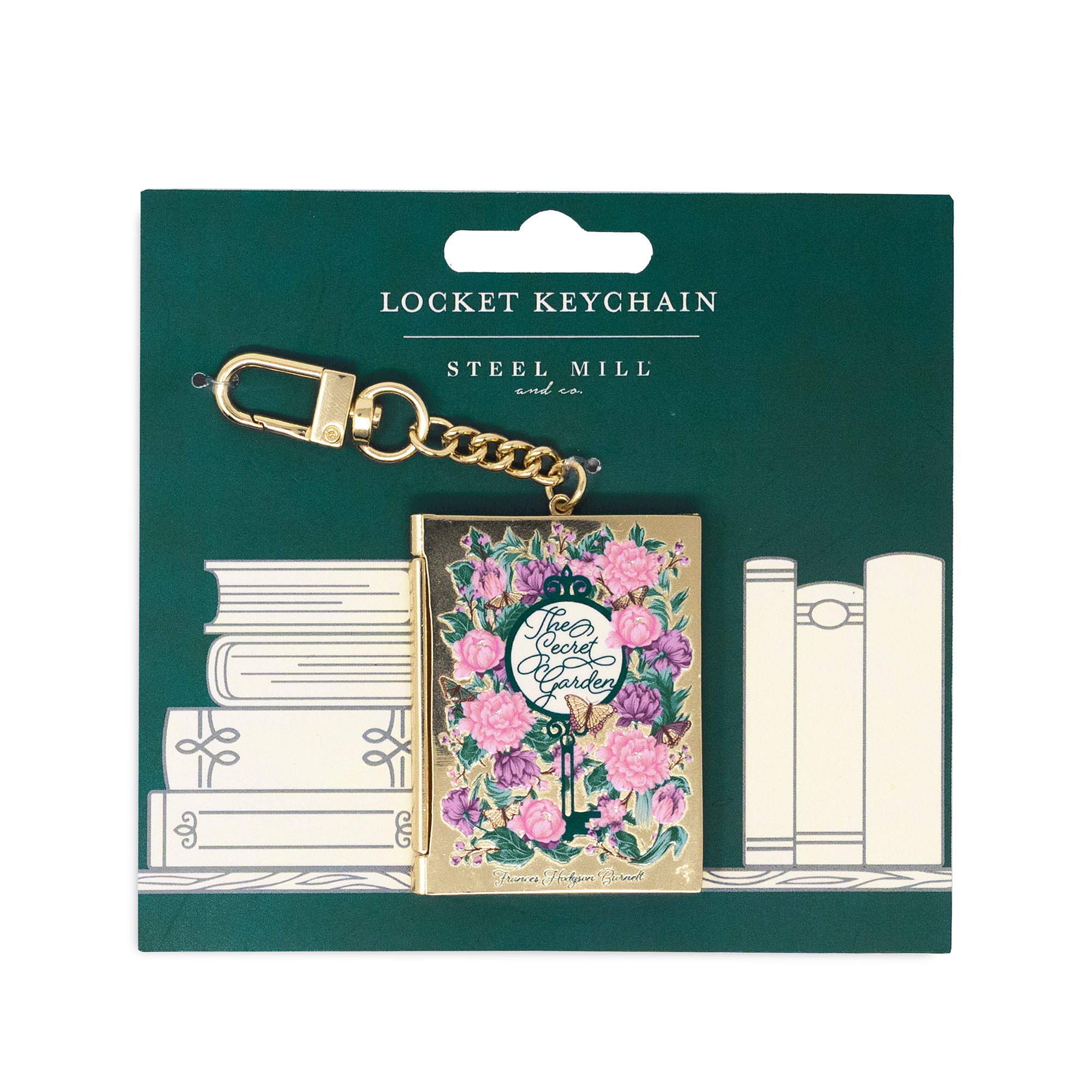 Locket keychain packaging with floral design on a green background