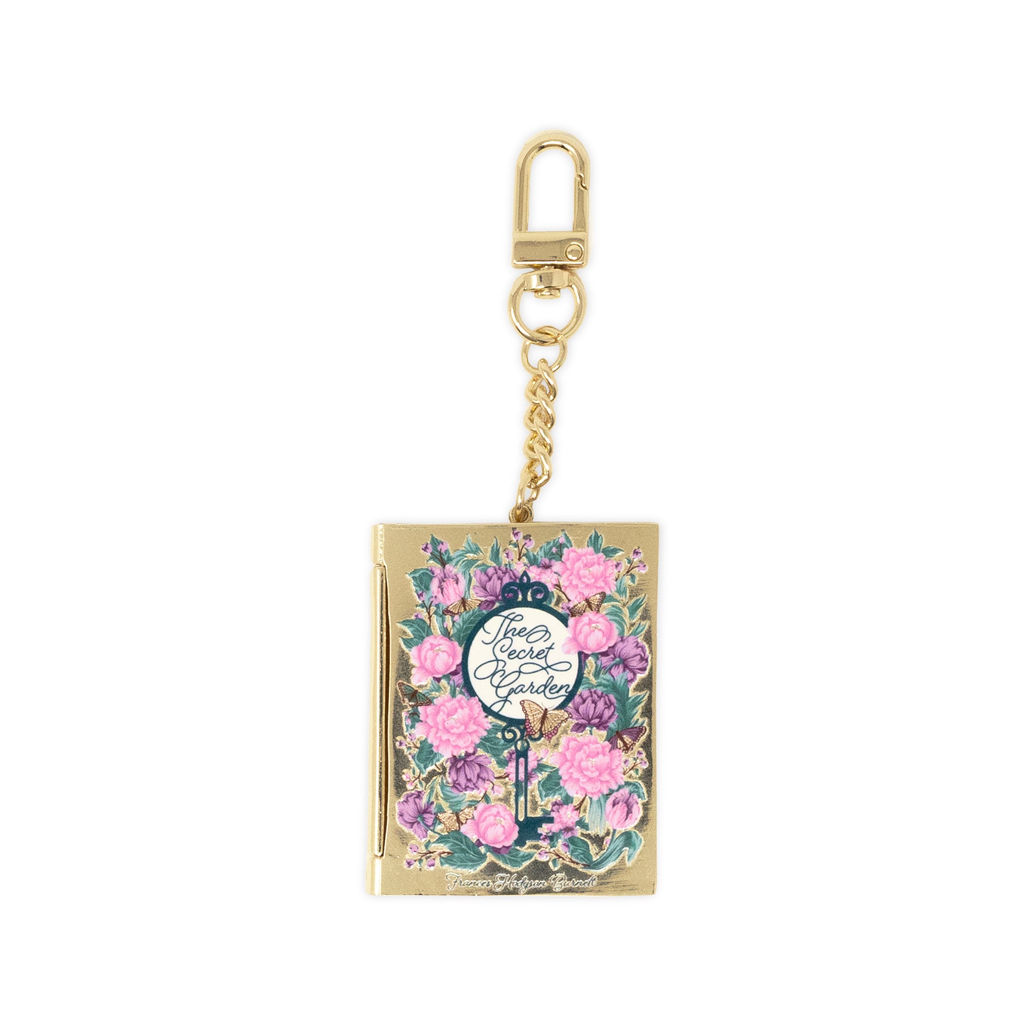 Keychain with floral design and text on a white background