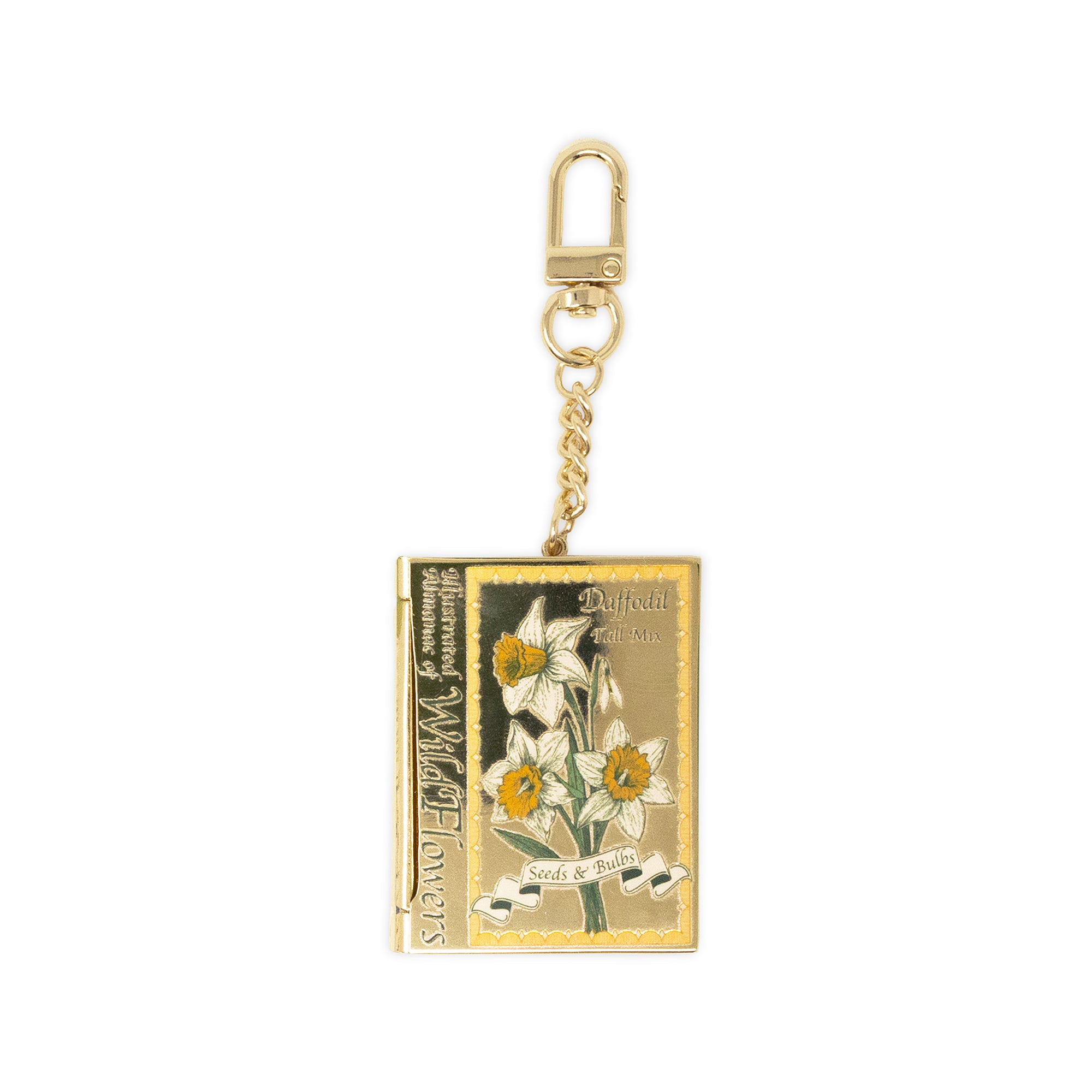 Gold keychain with floral design on a white background