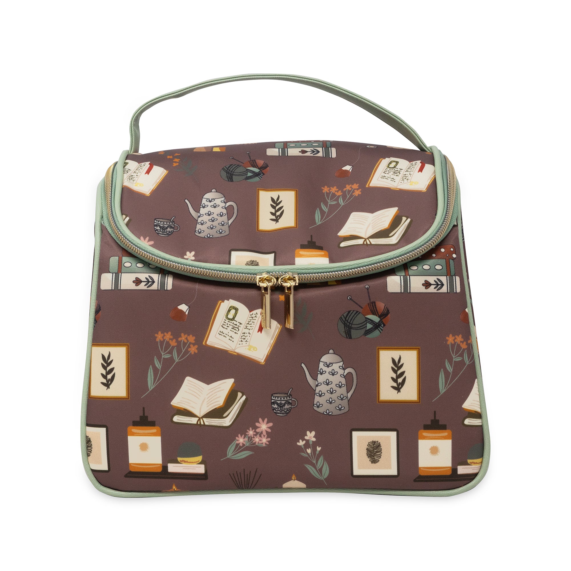 lunch bag with a pattern of books, teapots, and other items on a white background