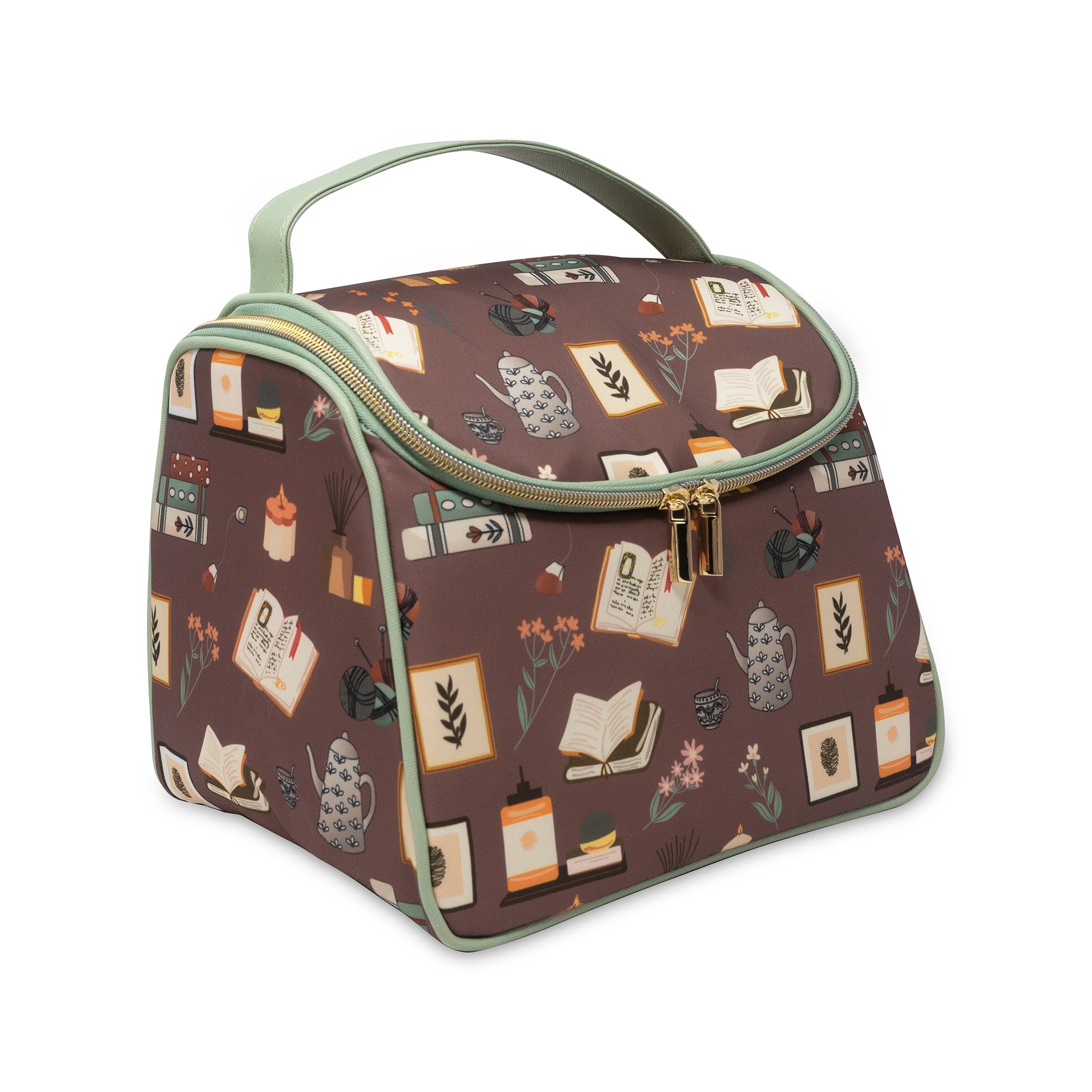 Patterned lunch bag with books and teapots on a brown background