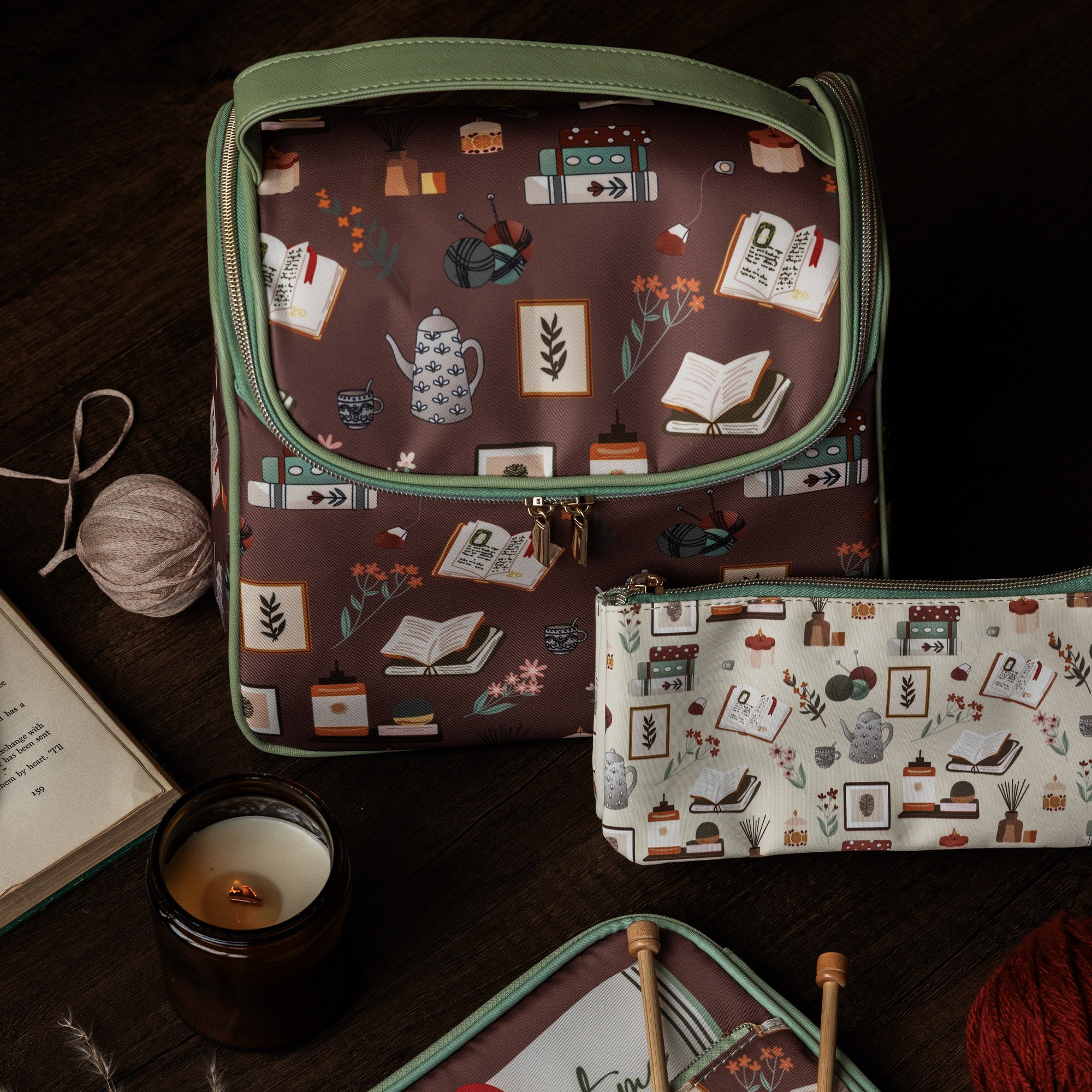 Patterned lunch bag with books and teapots on a brown background