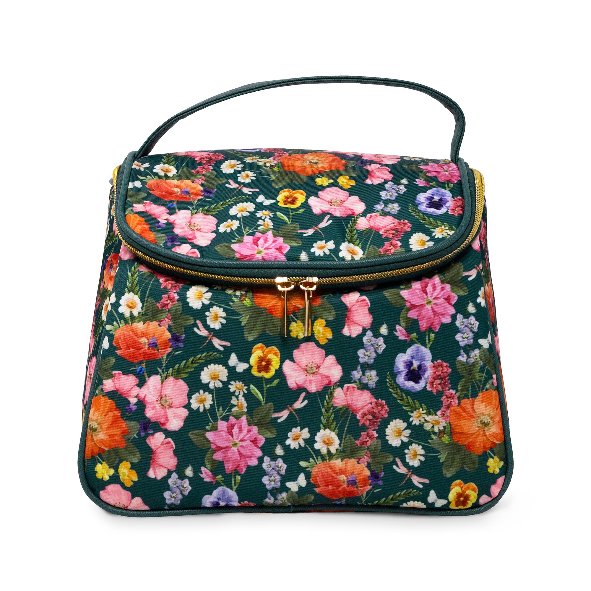 front view of dark green lunch bag with colorful realistic floral print