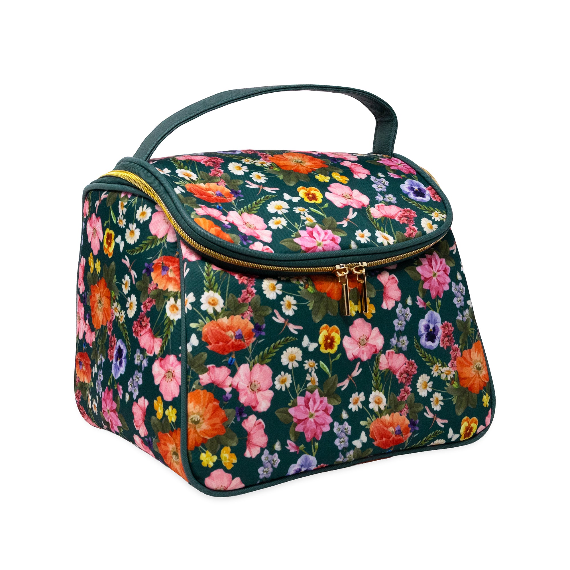 side view of dark green lunch bag with colorful realistic floral print