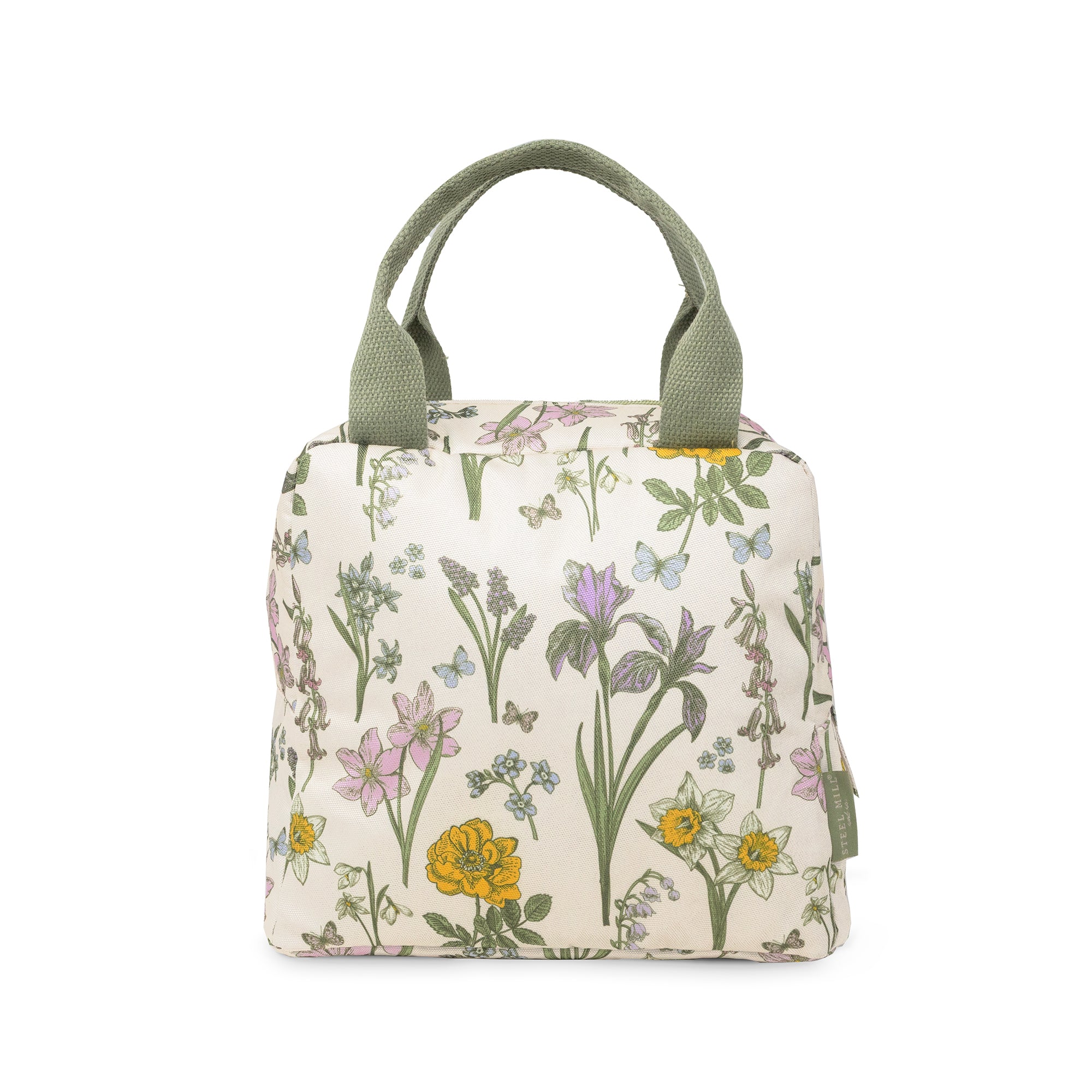 Floral-patterned lunch bag with green handles on a white background