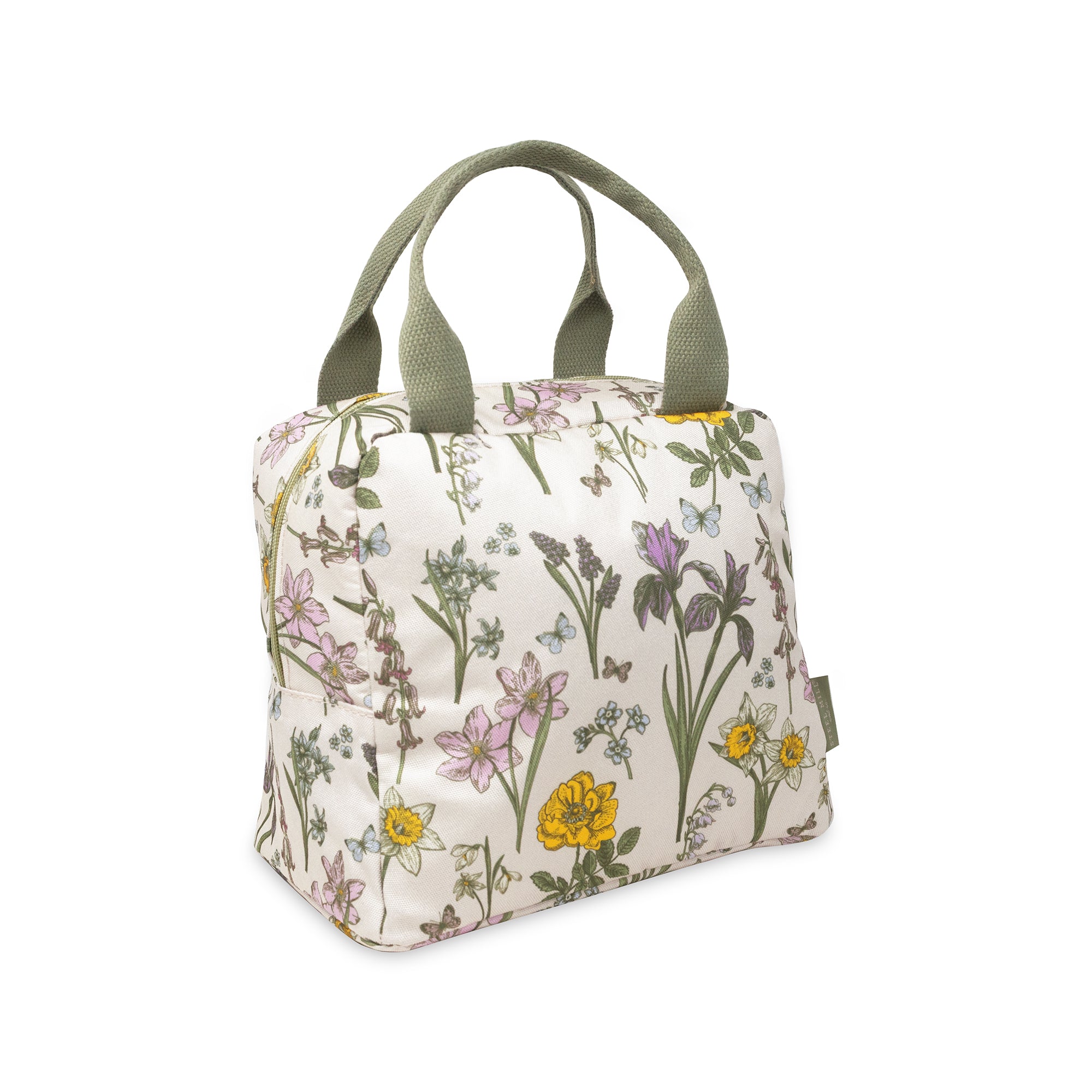 Floral-patterned lunch bag with green handles on a white background