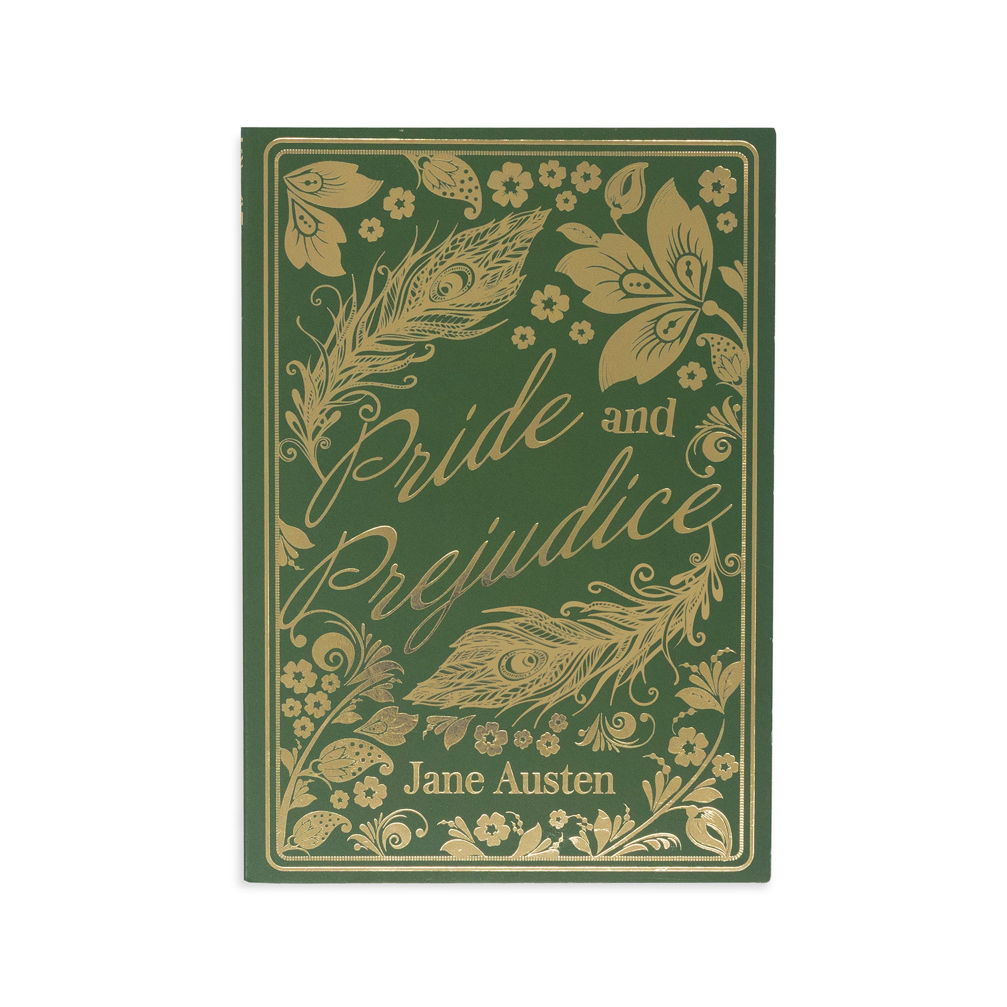 Book cover of 'Pride and Prejudice' by Jane Austen with decorative elements on a green background