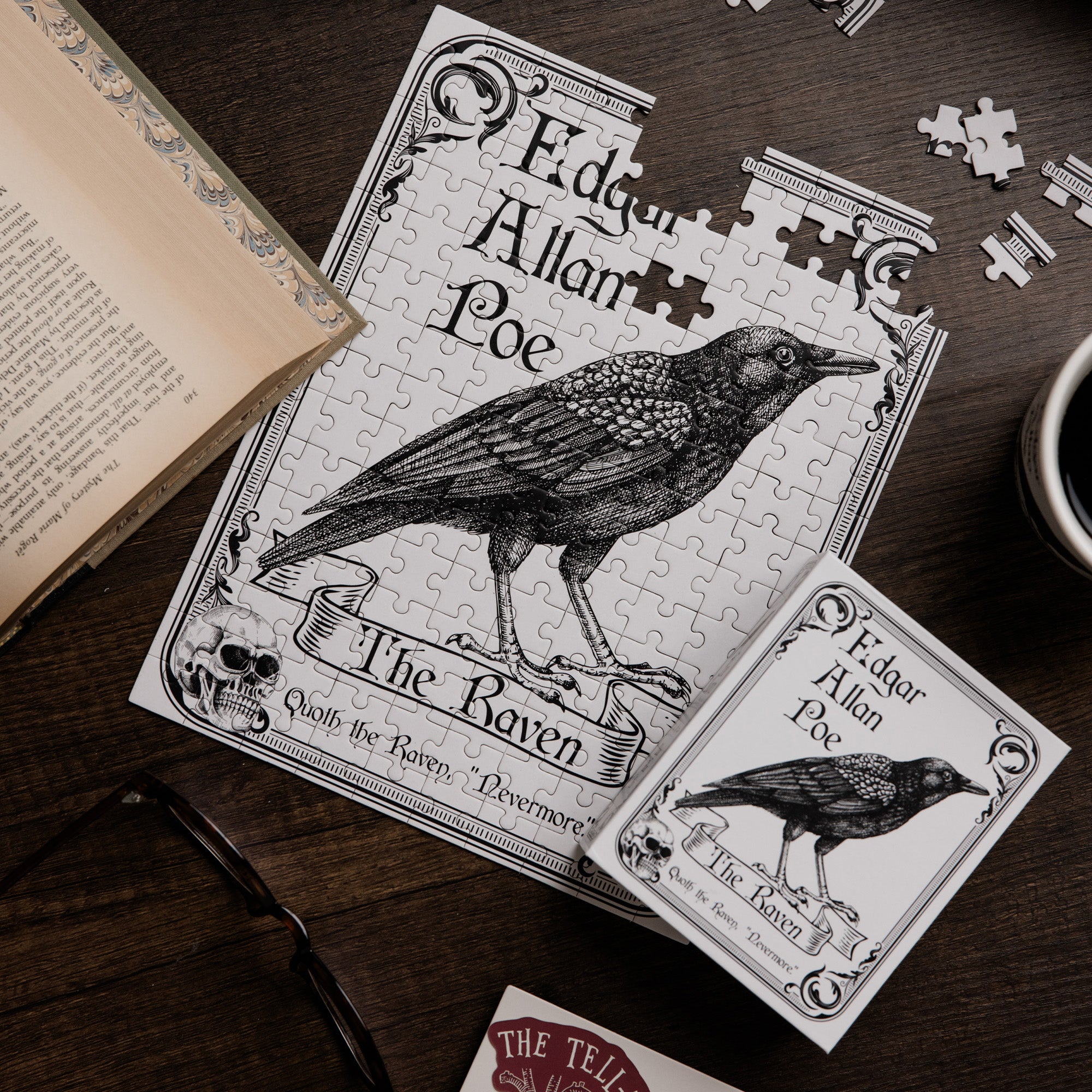 Playing puzzle with 'The Raven' design featuring a crow and text on a white background