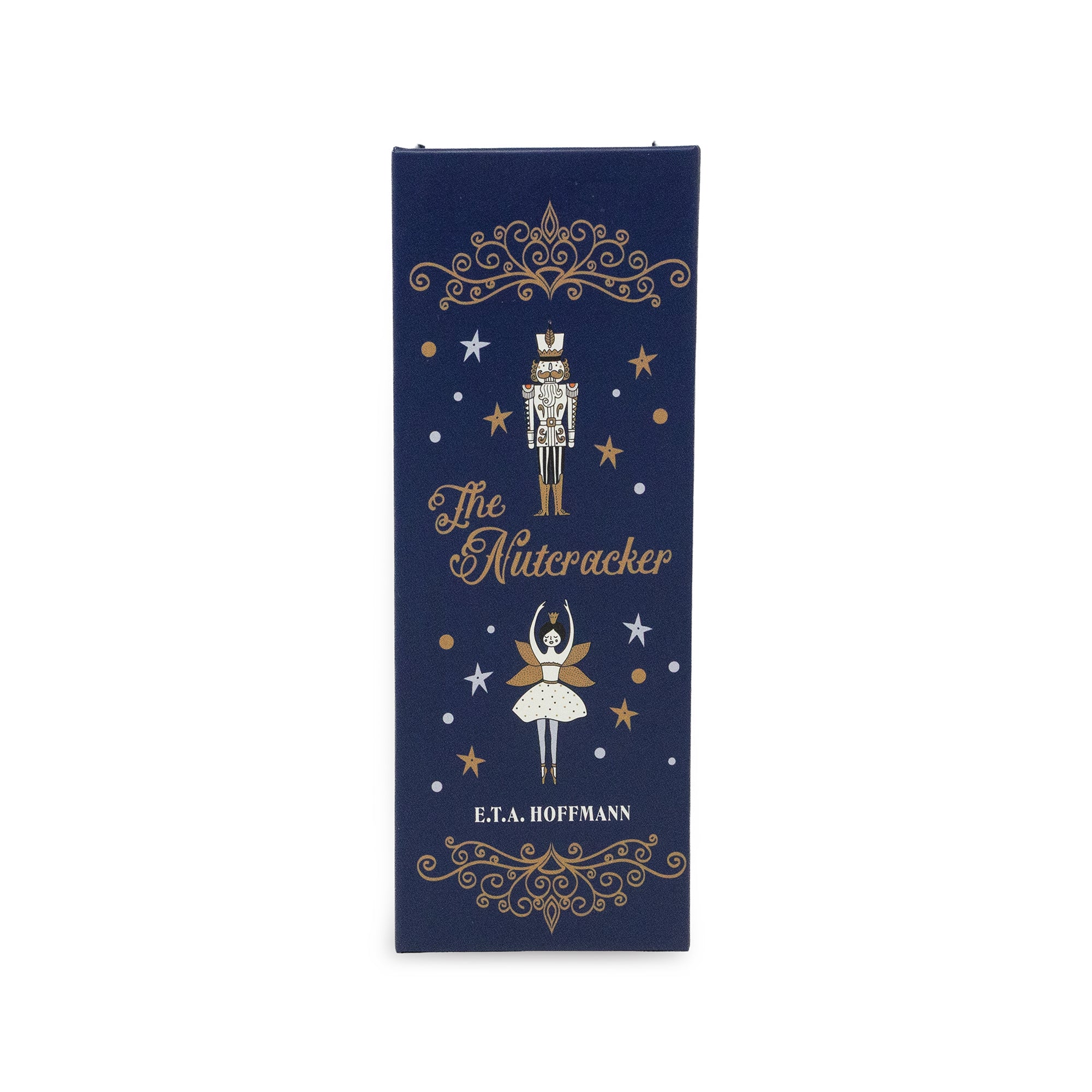 A tall, narrow spine with gold and white illustrations of a nutcracker and ballerina with the title 'The Nutacker' and 'E.T.