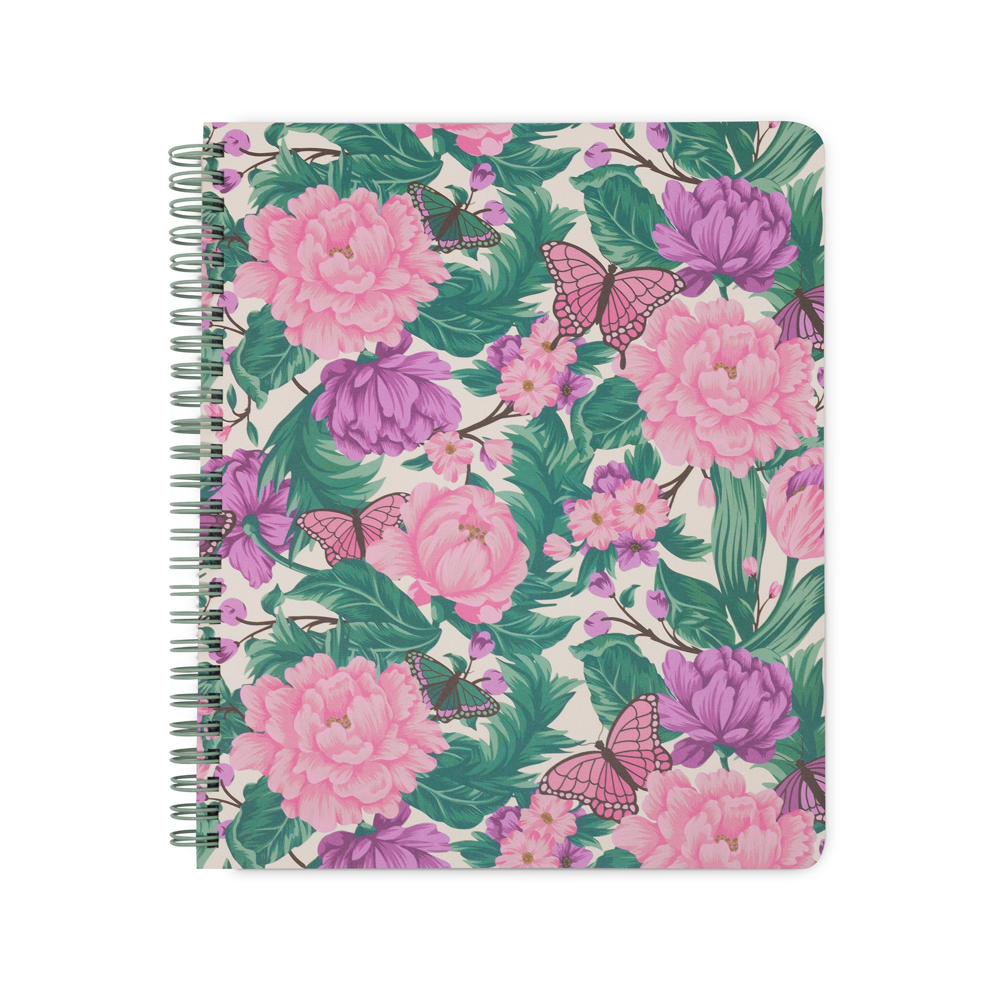 Notebook with floral and butterfly design on a white background