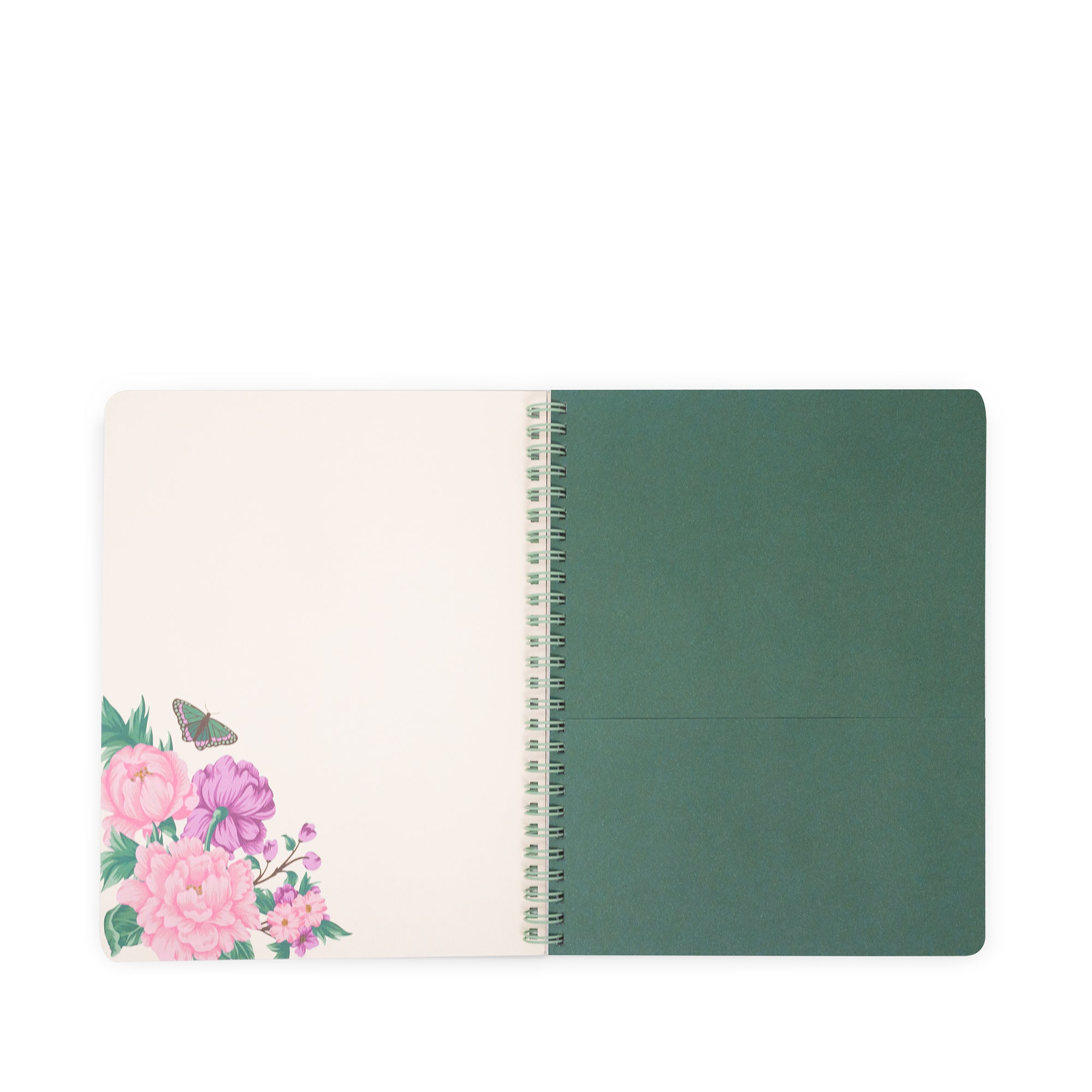 Notebook with floral design on one cover and solid green color on the other, on a white background.