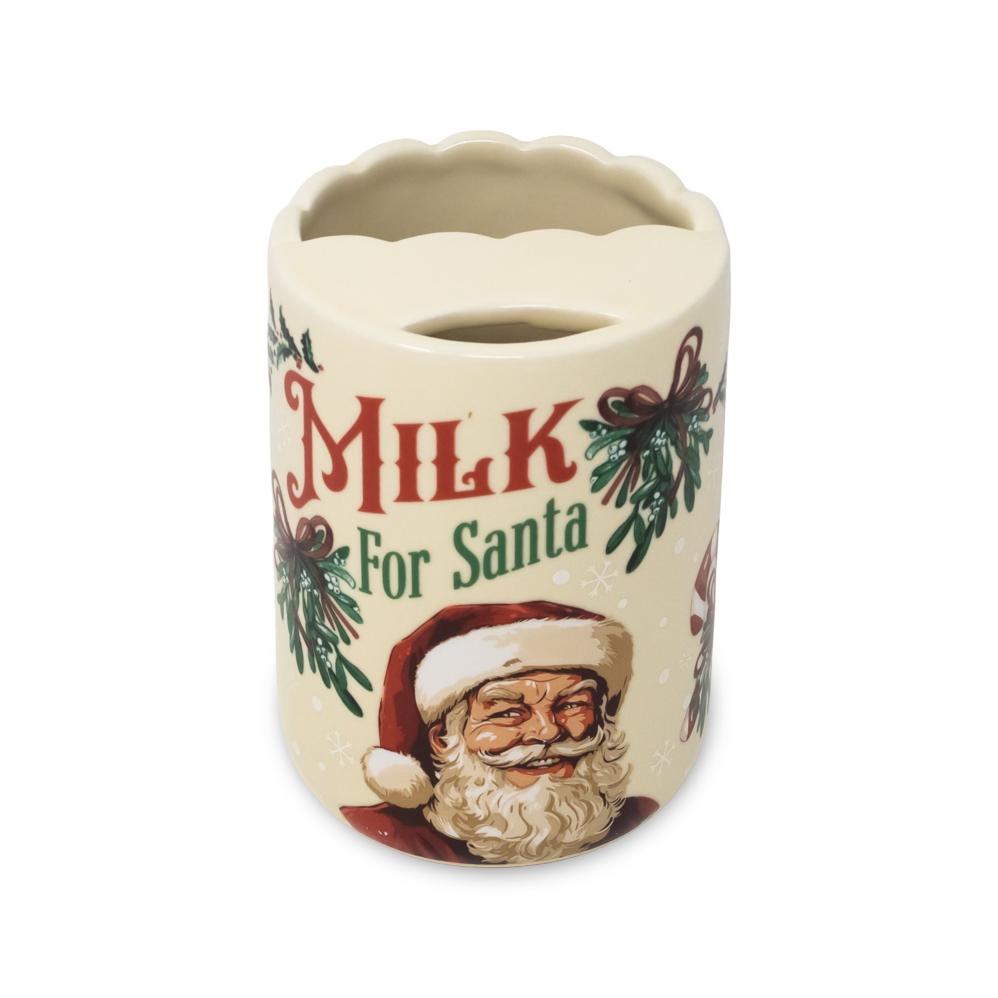 A vintage-style cerami holder with a scalloped rim, featuring the text 'MILK For Santa' and an illustration of Santa Claus on a cream-colored background.