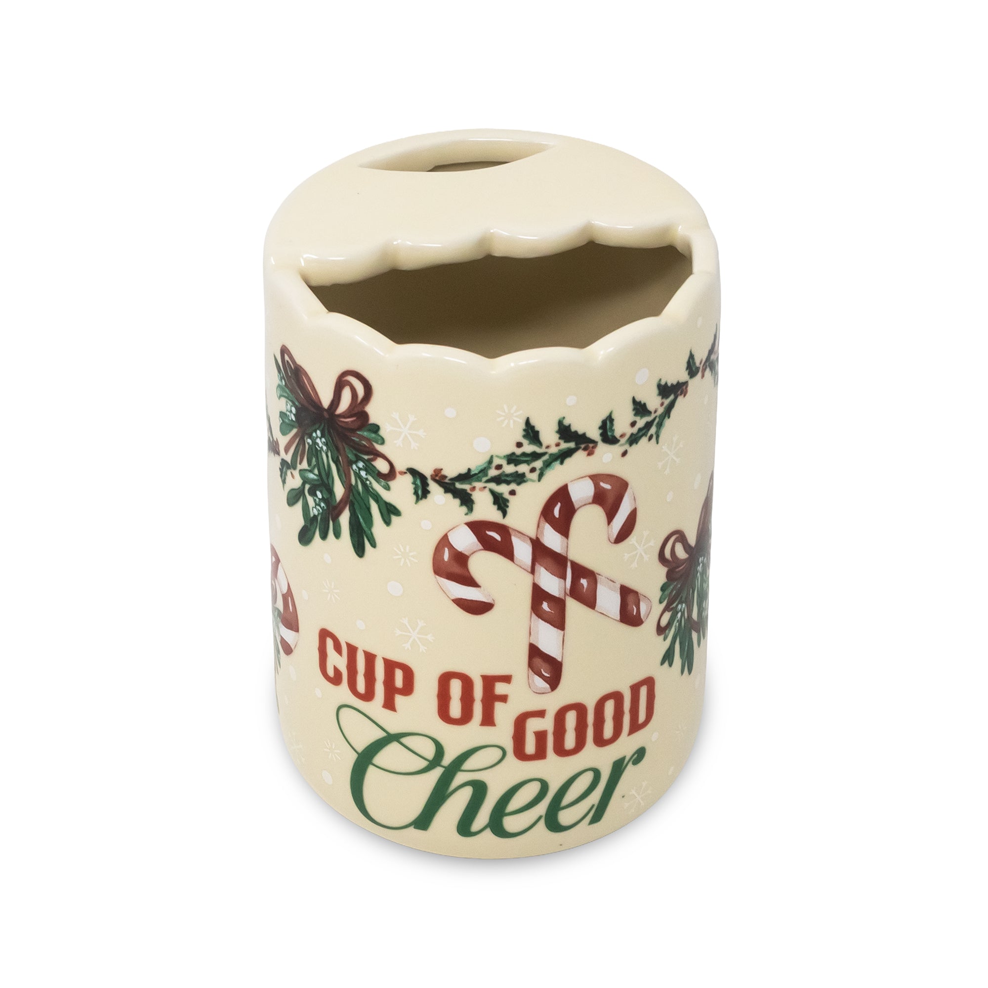 top view of A ceramic Christmas mug with 'CUP OF GOOD Cheer' printed in red and green