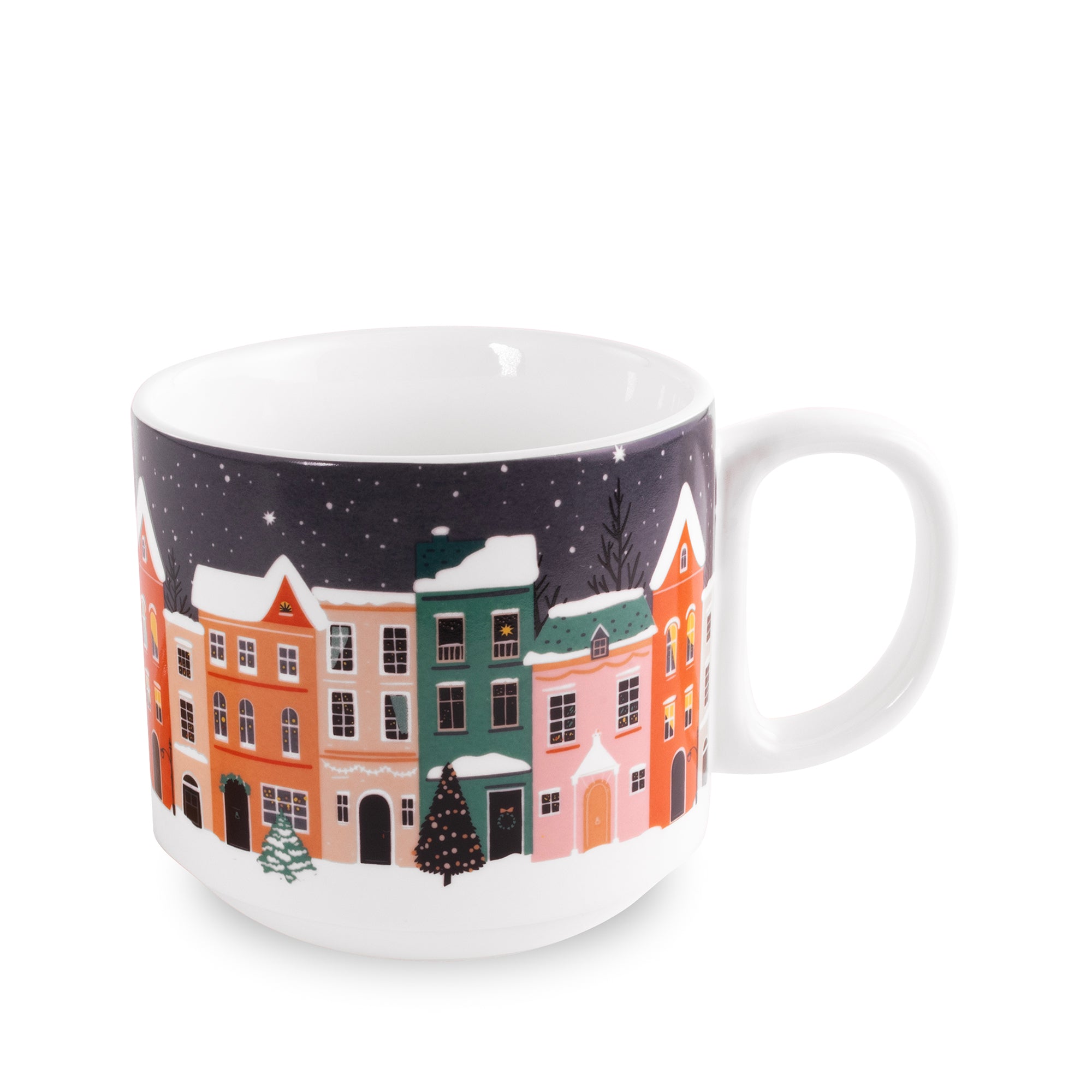 Mug with a winter village design on a white background