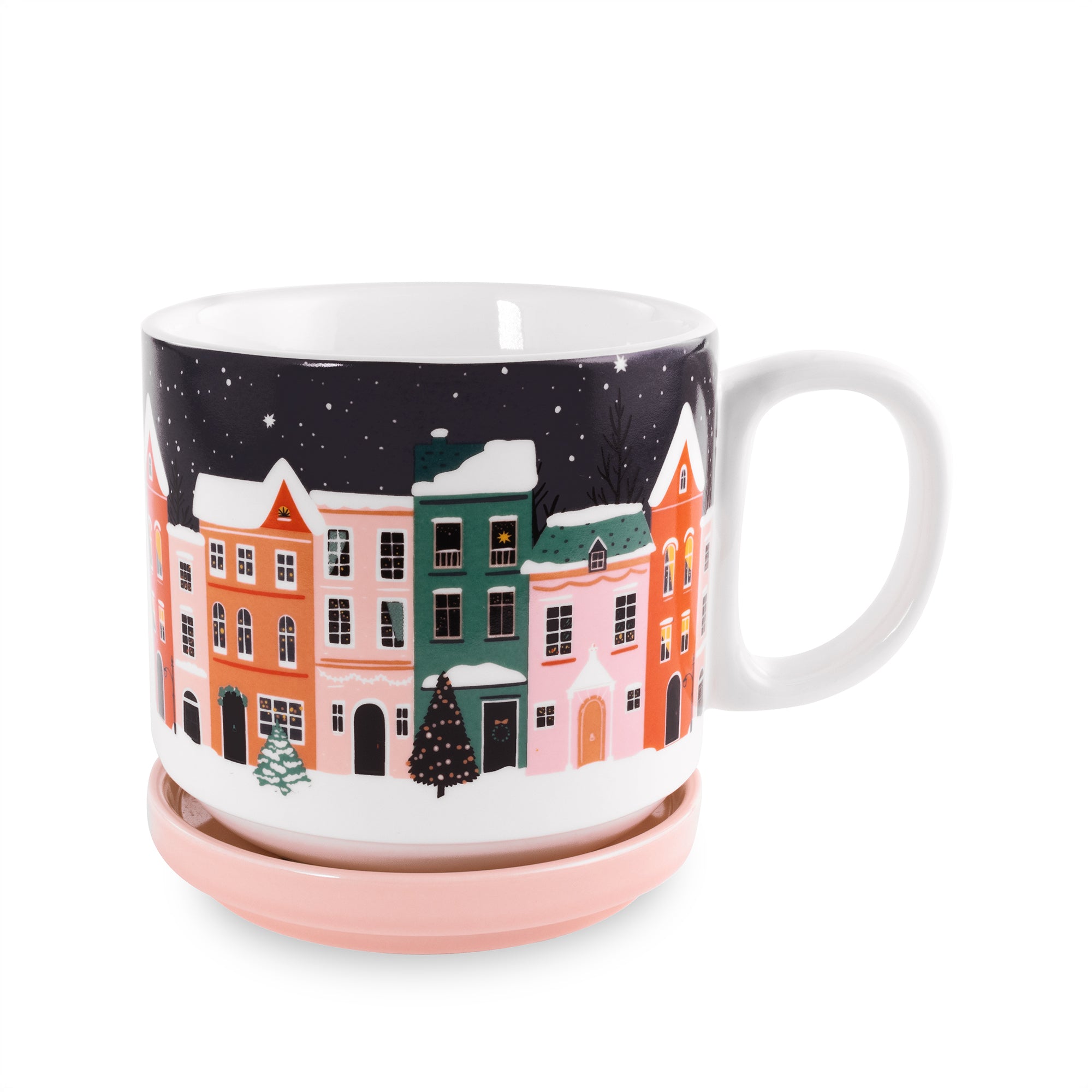 Mug with a winter village design on a white background