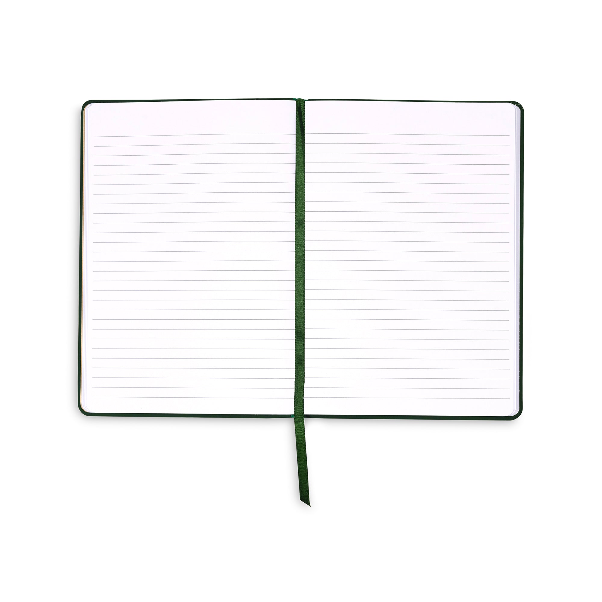 Open notebook with lined pages and a green ribbon on a white background