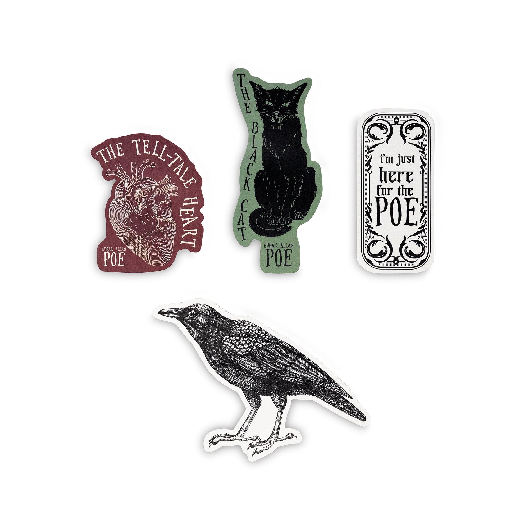 Set of four literary-themed bookmarks featuring 'The Tell-Tale Heart', 'The Black Cat', and a crow on a white background.