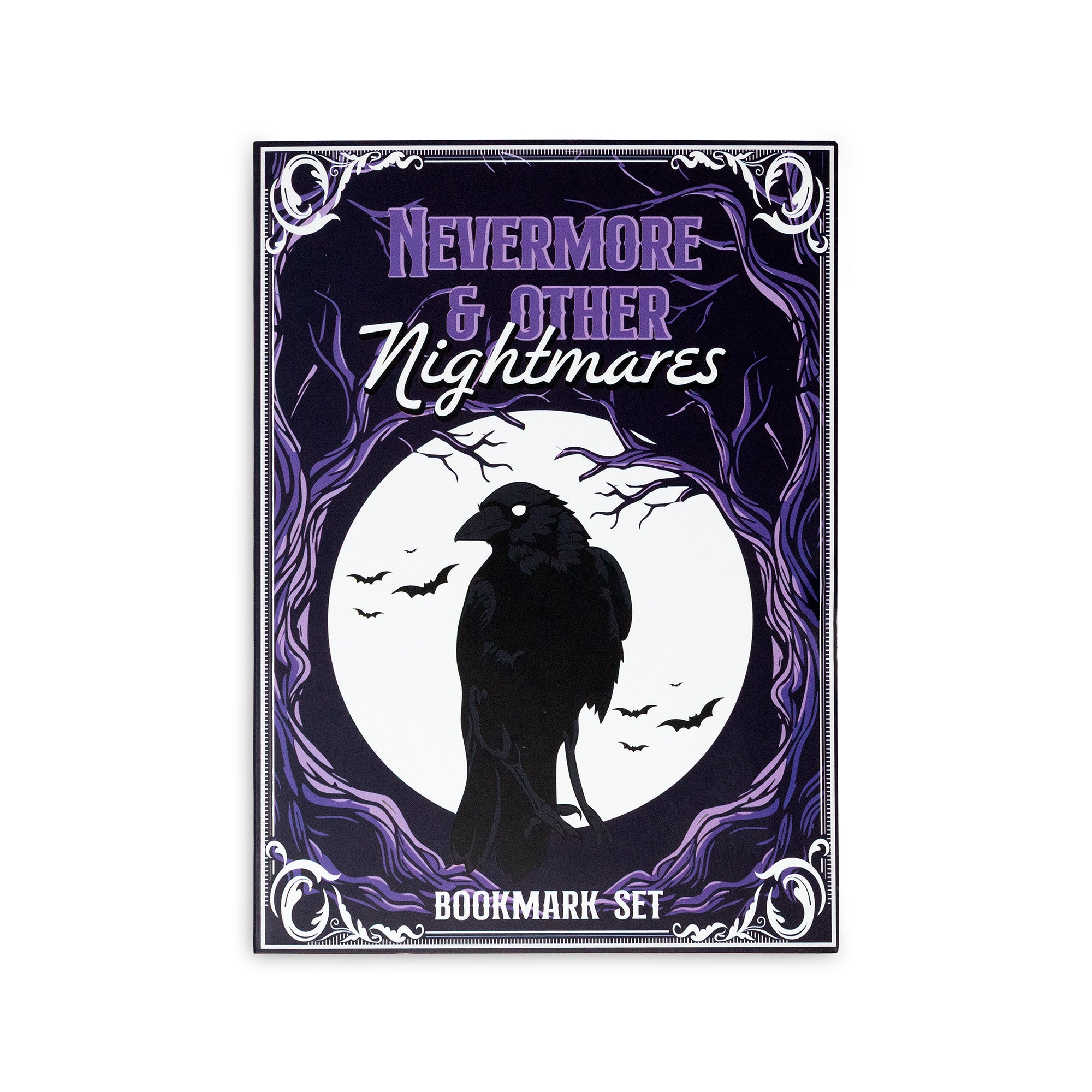 Bookmark set packaging with a black crow and moon design on a purple background