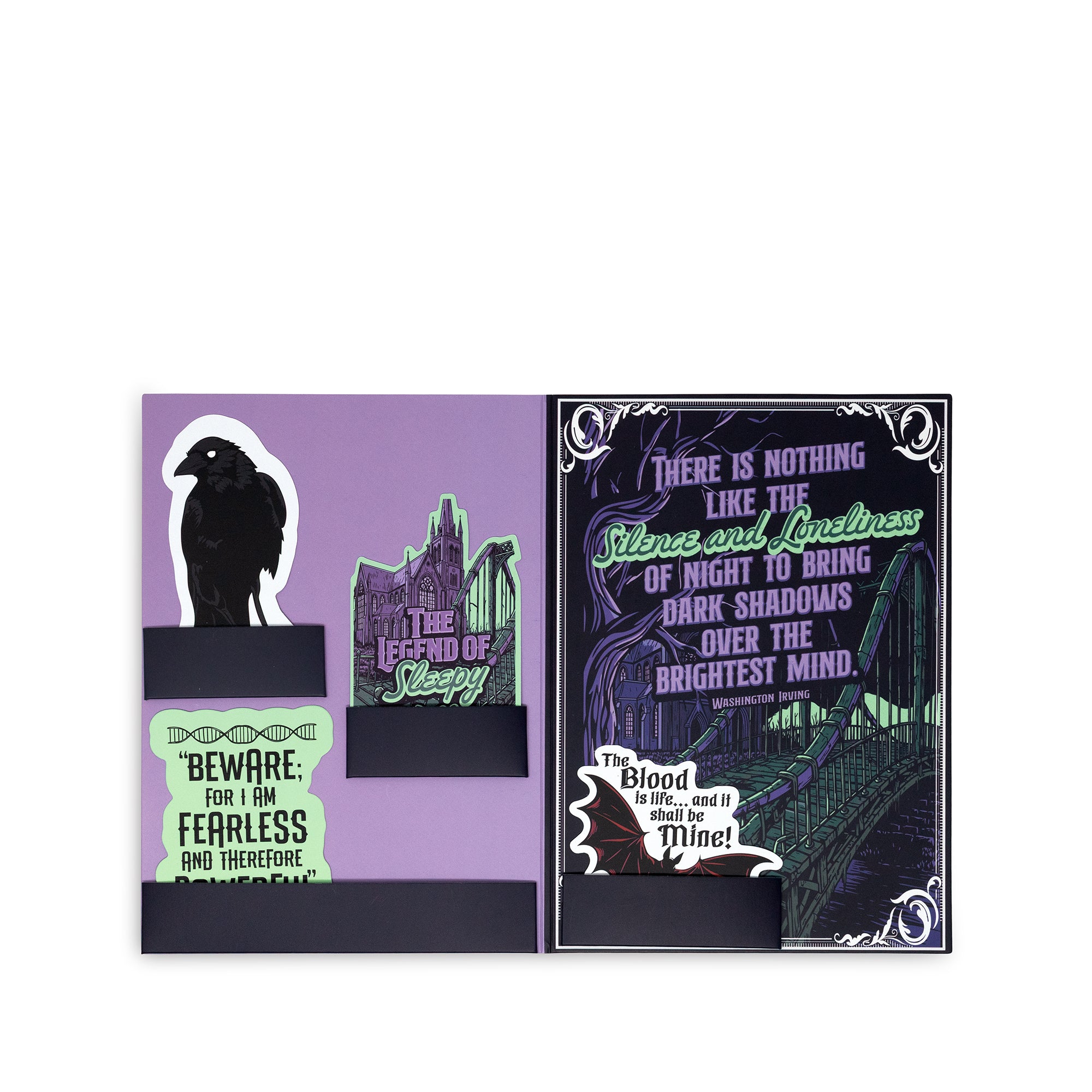 Product packaging with gothic design elements on a white background
