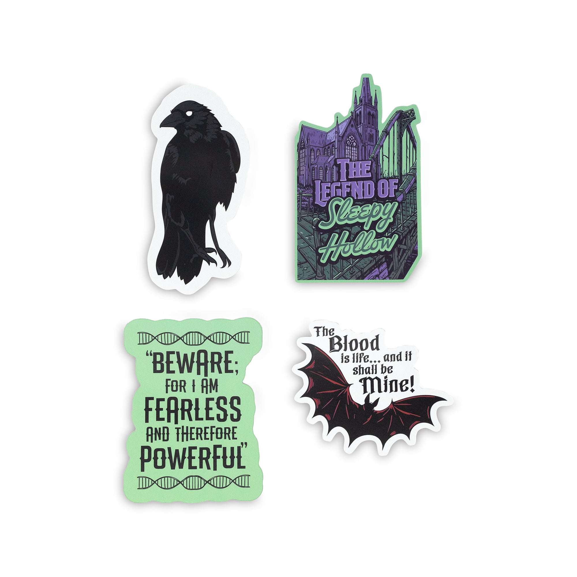 Set of four themed bookmarks featuring a crow, castle, and quotes on a white background.
