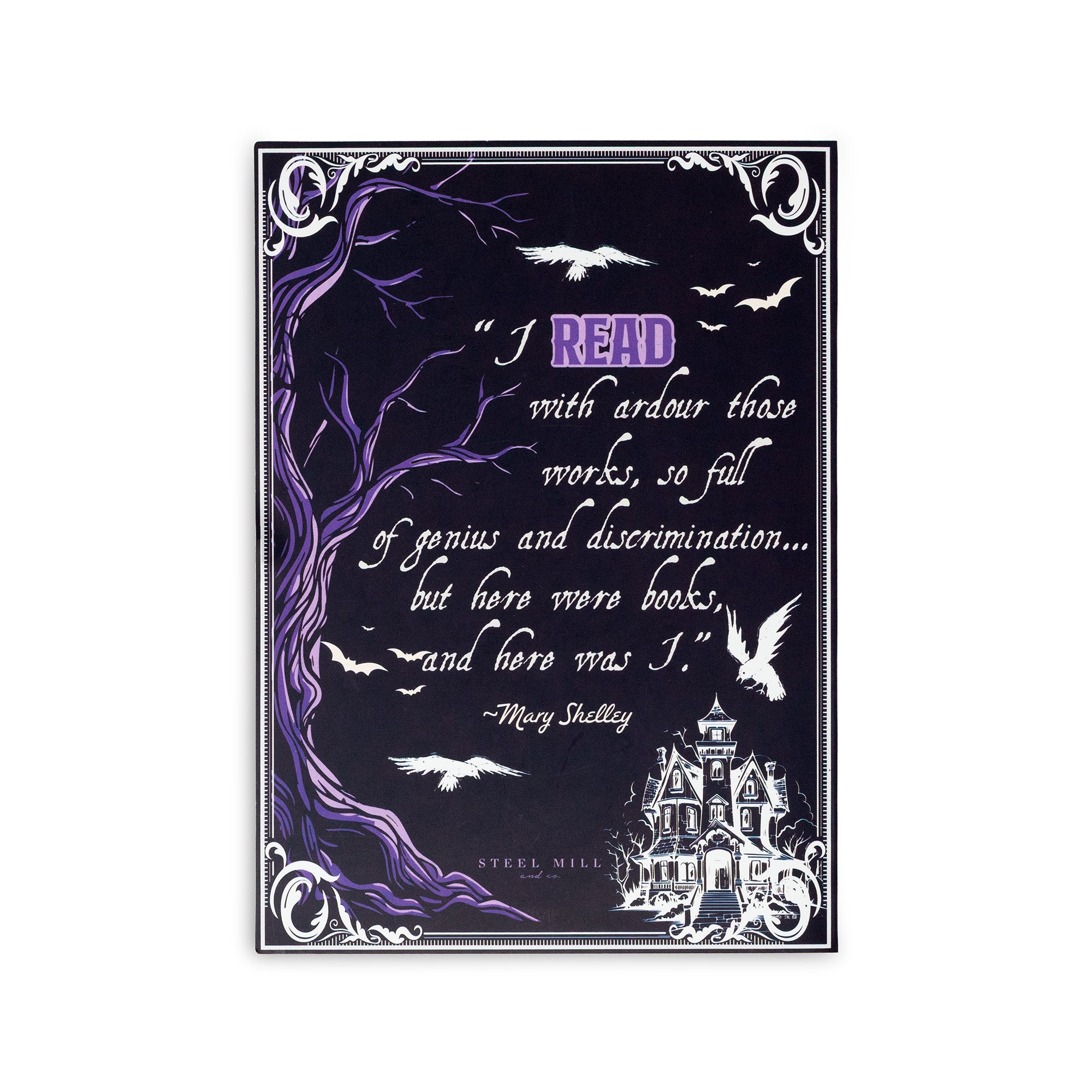 Decorative print with Gothic design, text, and elements on a dark background