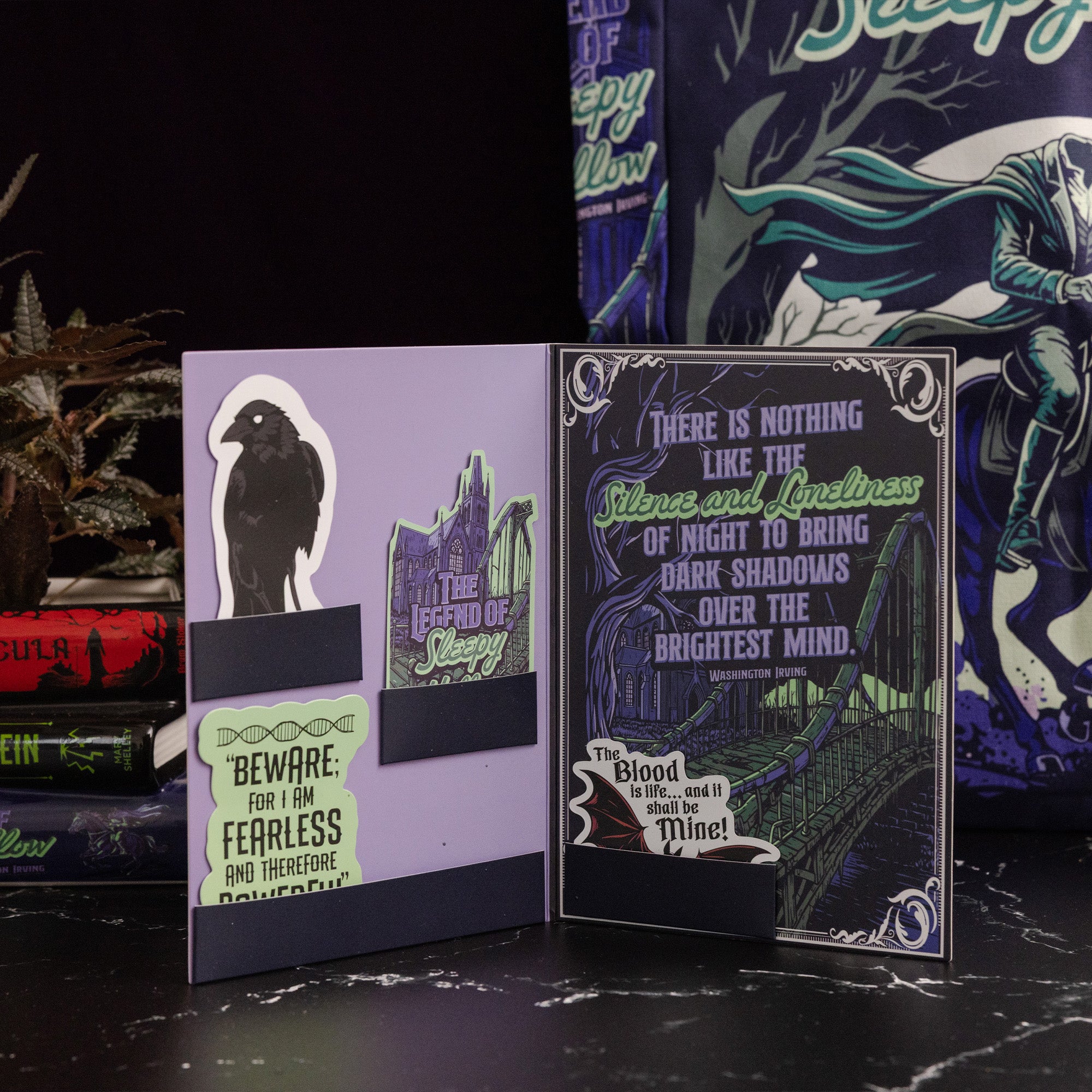 Gothic-themed book with decorative cover and text on a dark background