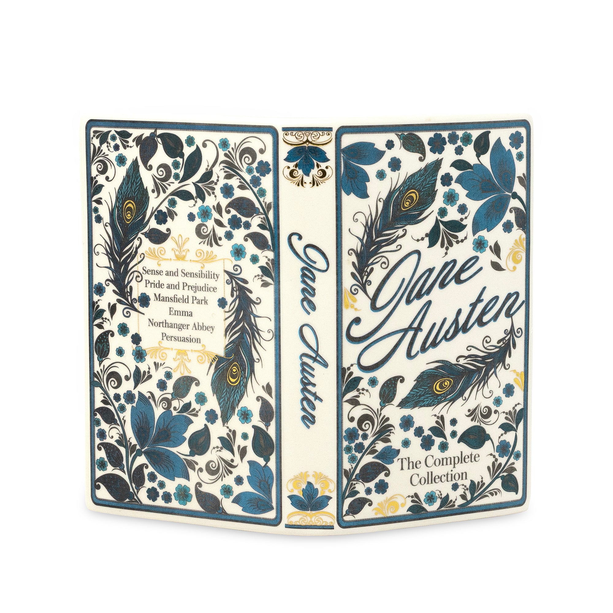 jane austen: the complete collection open book vase with teal accents and peacock feathers