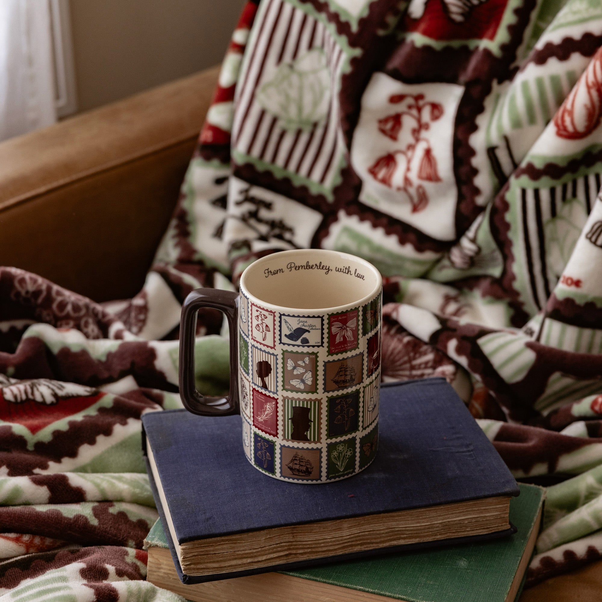 Brown Jane Austen Stamps Throw Blanket with matching mug