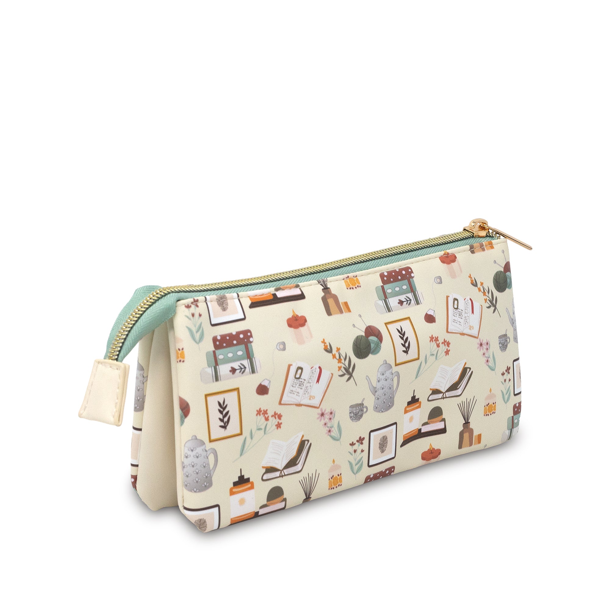 Pouch with a pattern of books and stationery items on a white background