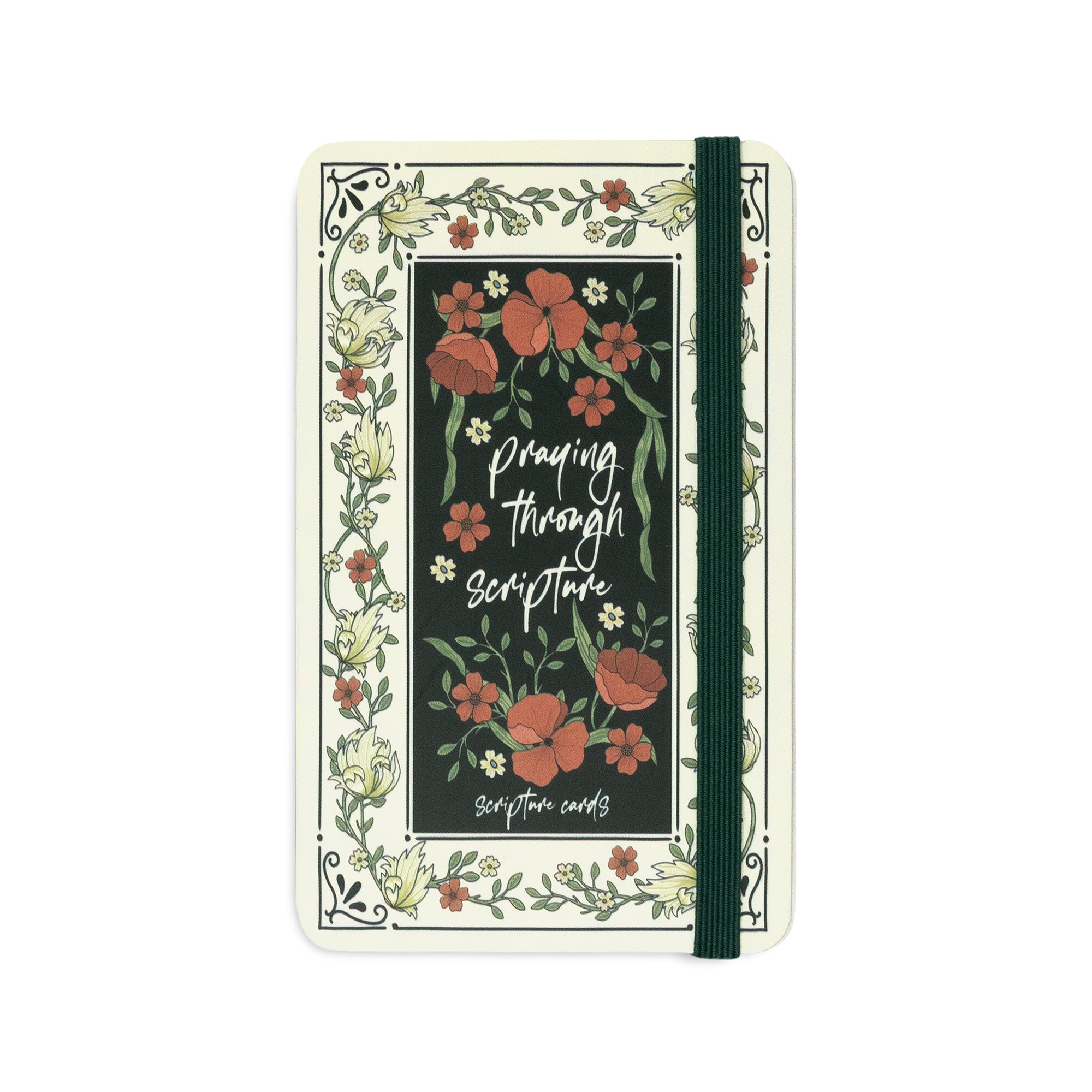 A hardcover scripture journal with a cream-colored cover decorated with a floral border and a central dark green panel featuring the words 'Praying through Scripture' in white script. It has a dark green elastic closure band.