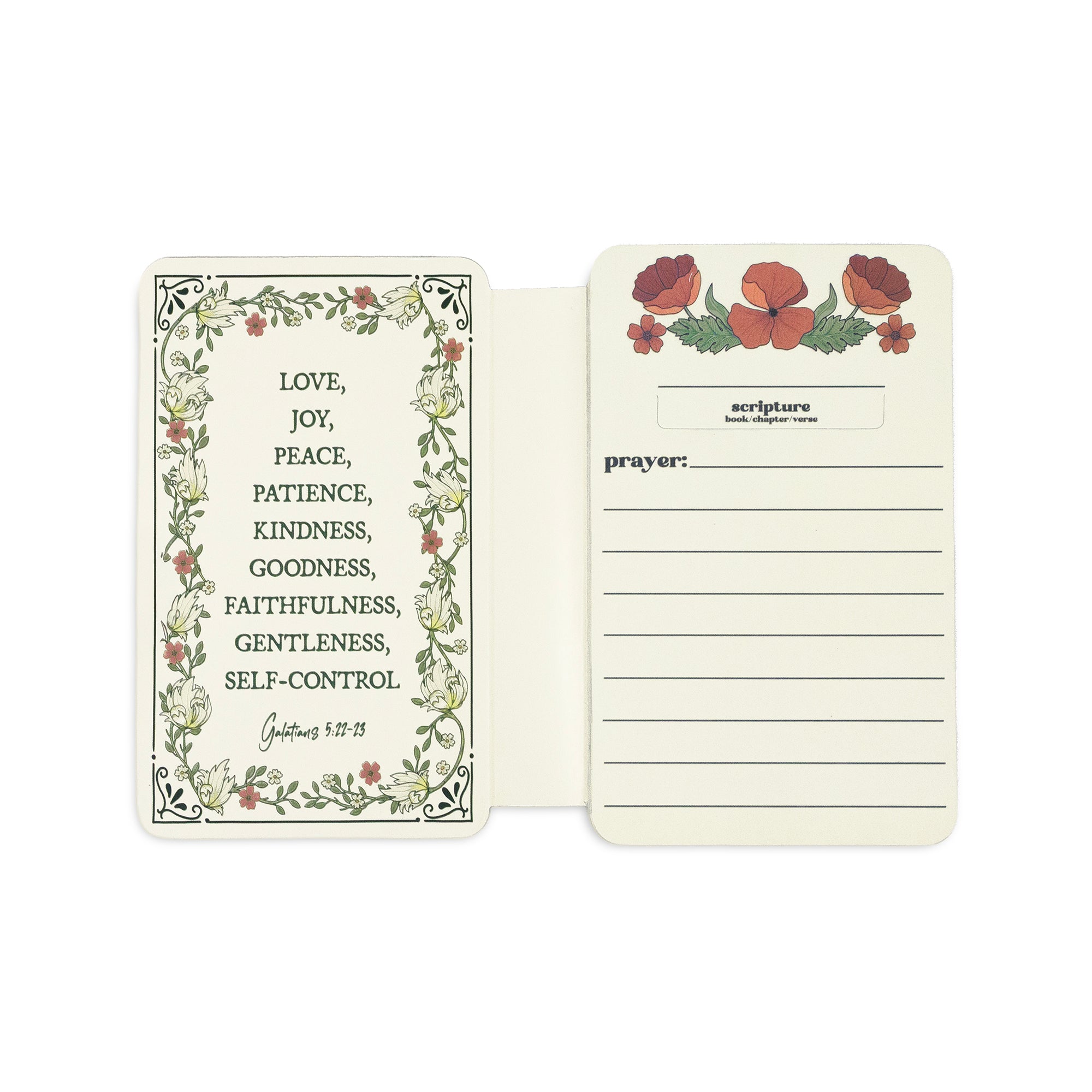 An open cream-colored prayer journal or pocket notebook with floral borders. The left page features a list of virtues in black serif text framed by delicate green leaves and red flowers.