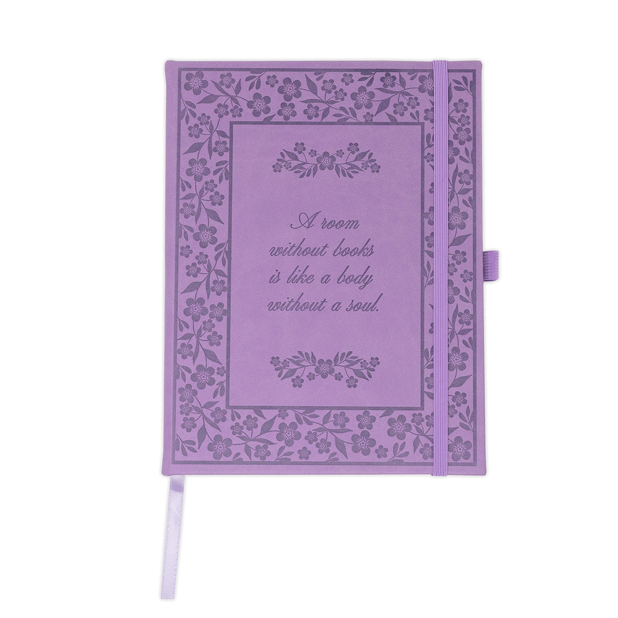 Purple notebook with floral patterns and text on a white background