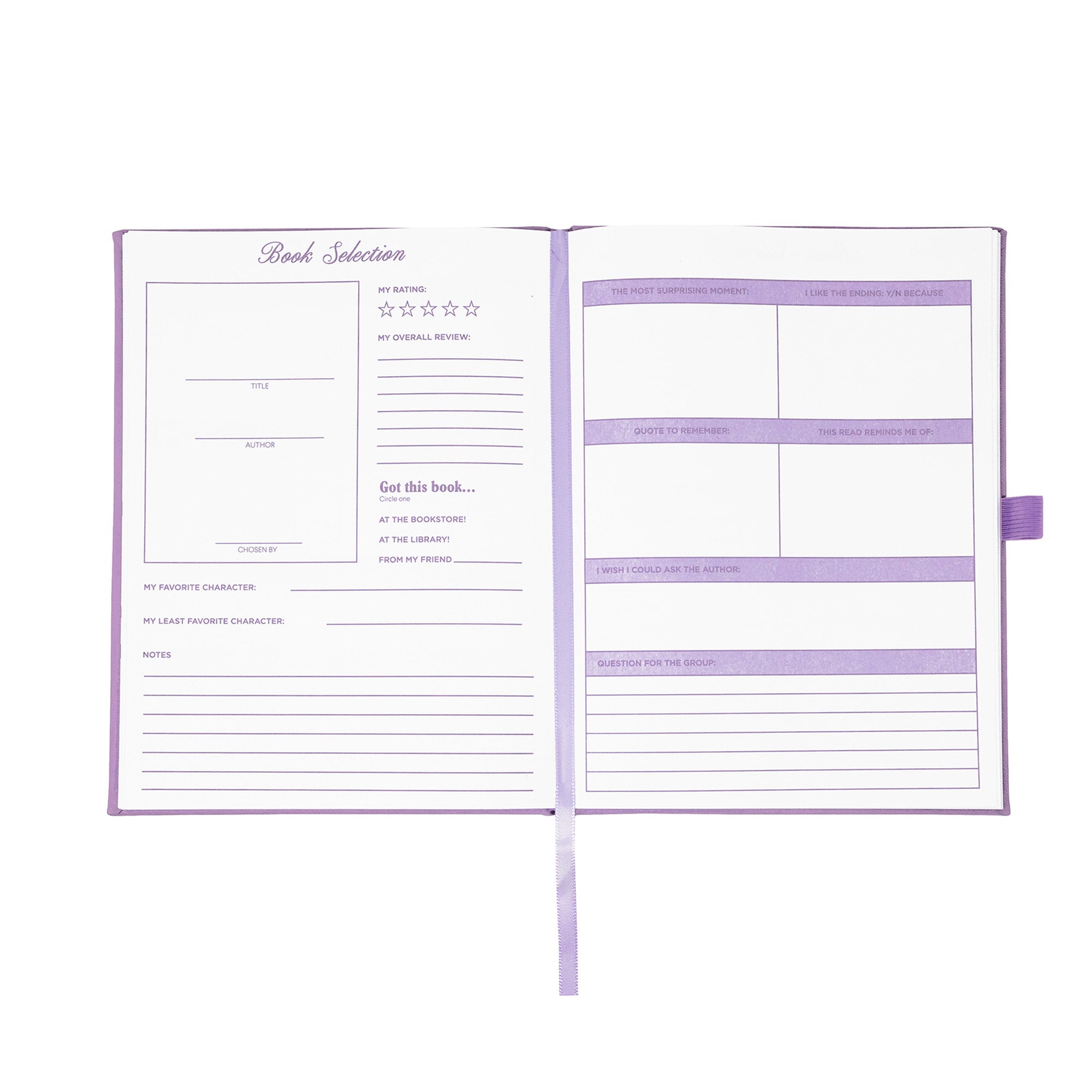 Open notebook with purple interior pages on a white background