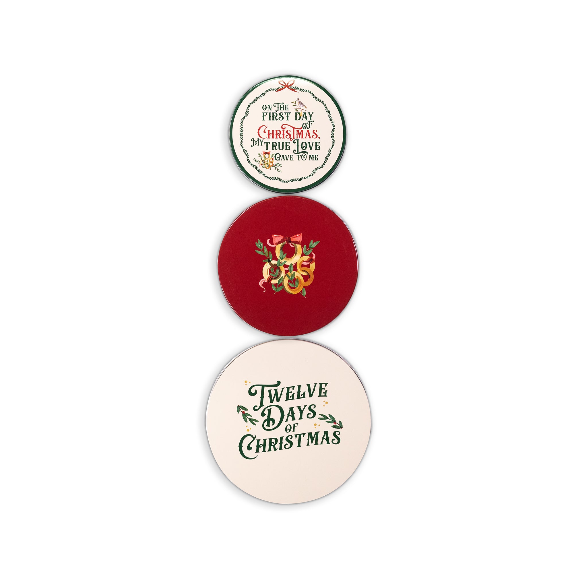 Three round Christmas-themed tins stacked vertically on a white background. 